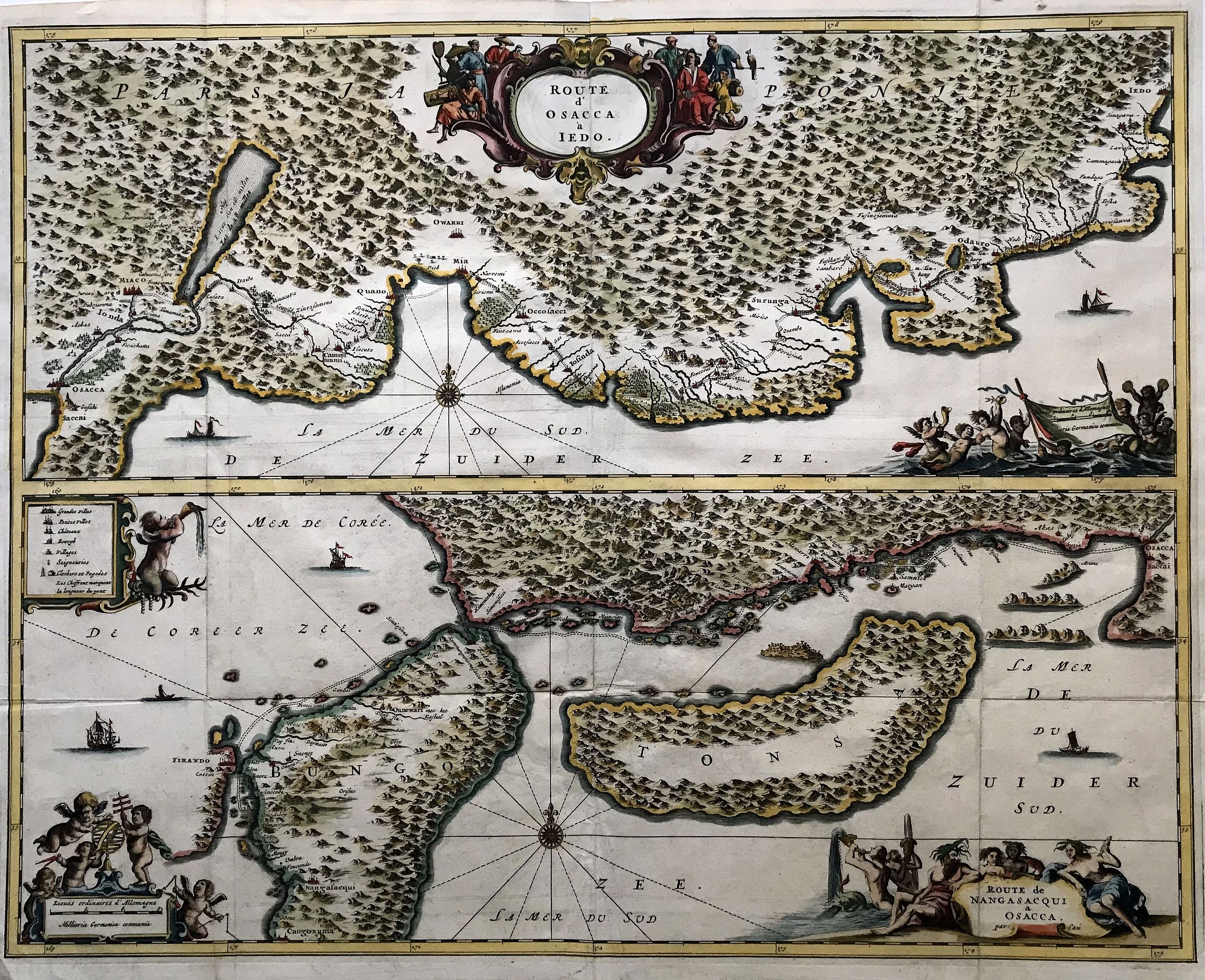 Montanus, Arnoldus. , Route d' Osacca à Iedo / Route de Nangasacqui a Osacca. , antique map, old maps