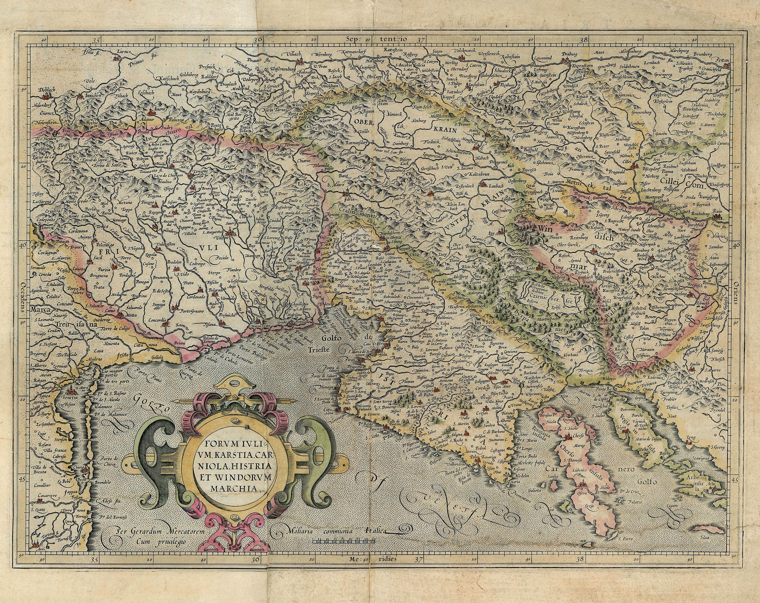 MERCATOR., Forum Ivlium, Karstia, Carniola, Histria et Windorvm Marchia. , antique map, old maps