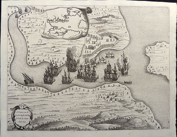 DE JONGE, Guglielmo, T'Neemen van de Suyker Prysen inde Bay de Tode los Santos Anno 1627., antique map, old maps