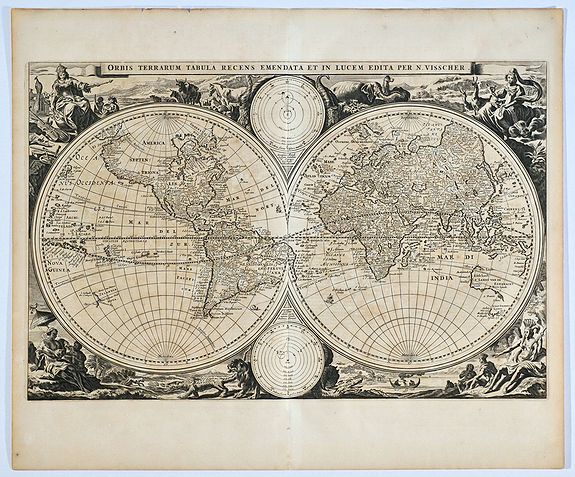Visscher, N., Orbis terrarum tabula recens emendata et in lucem edita per N. Visscher., antique map, old maps