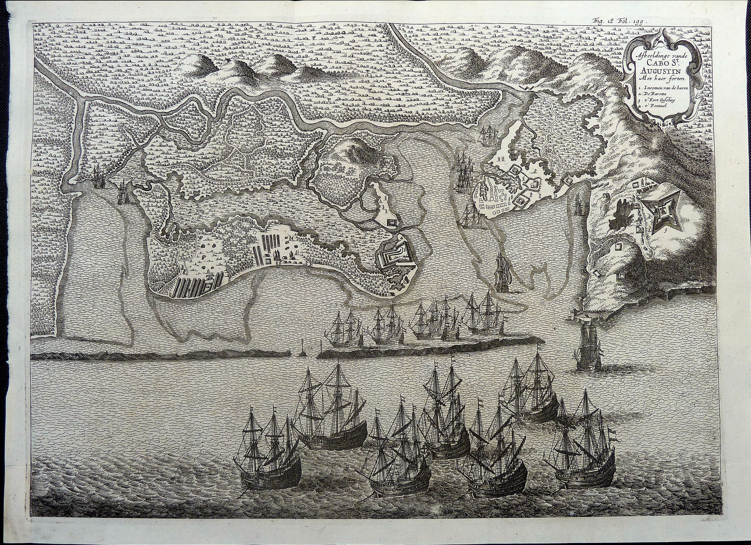 DE JONGE, Guglielmo, Afbeeldinge vande Cabo St. Augustin met Haer Forten., antique map, old maps