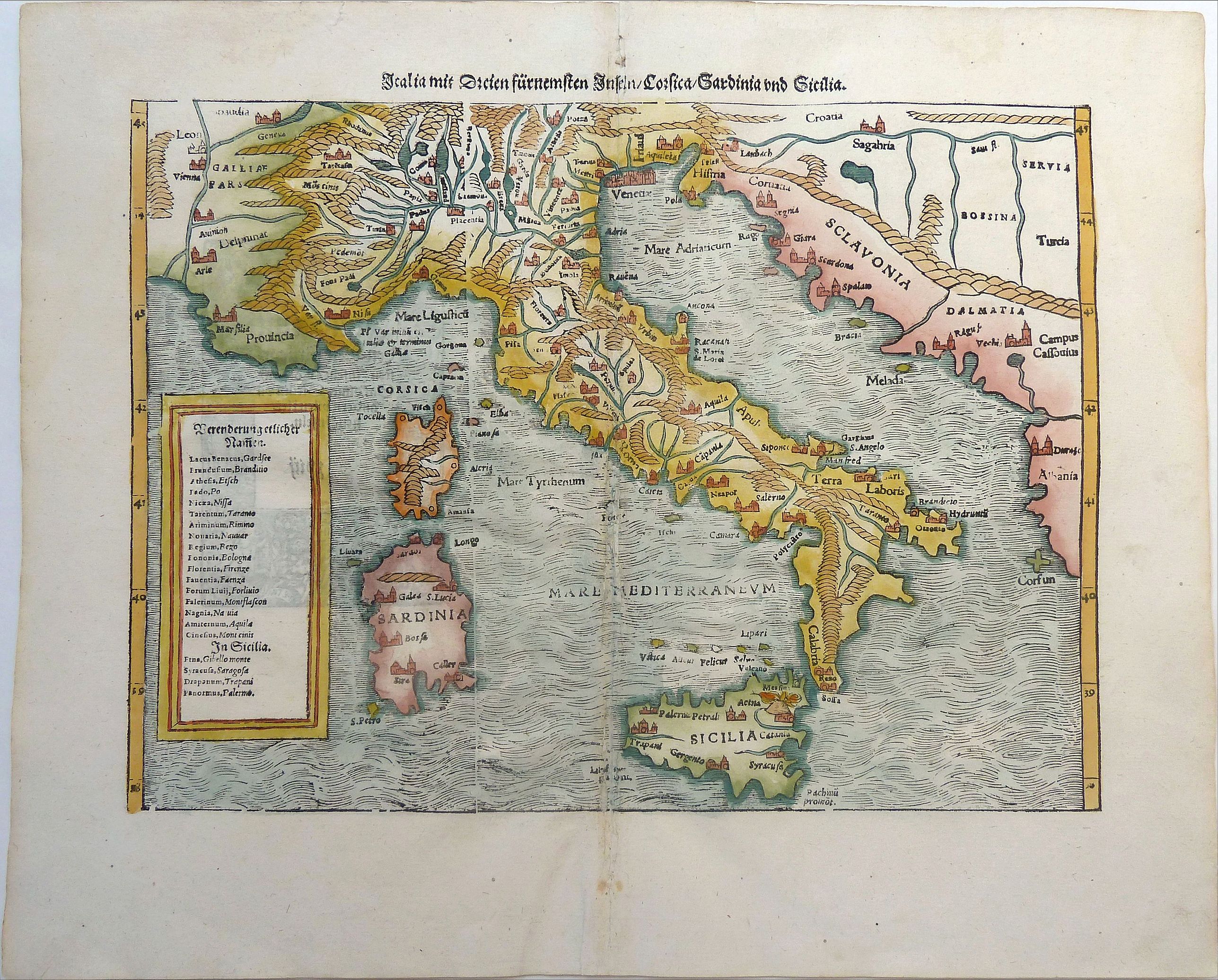 MÜNSTER, Sebastian., Italia mit Dreien furnemsten Inseln, Corsica, Sardinia und Sicilia. , antique map, old maps