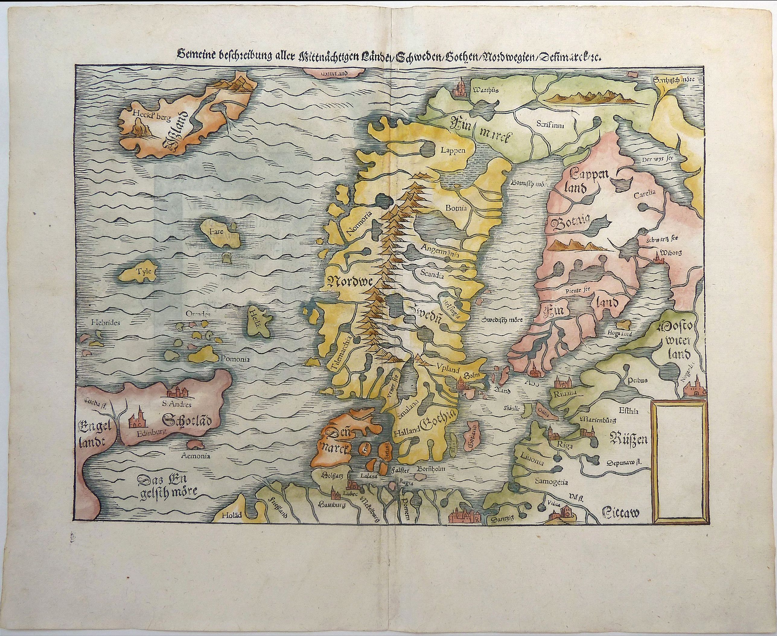 MÜNSTER, Sebastian., Gemeine Beschreibung Aller Mitnachtigen Lander Schweden, Gothen, Nordwegien, Dennmarck &c., antique map, old maps