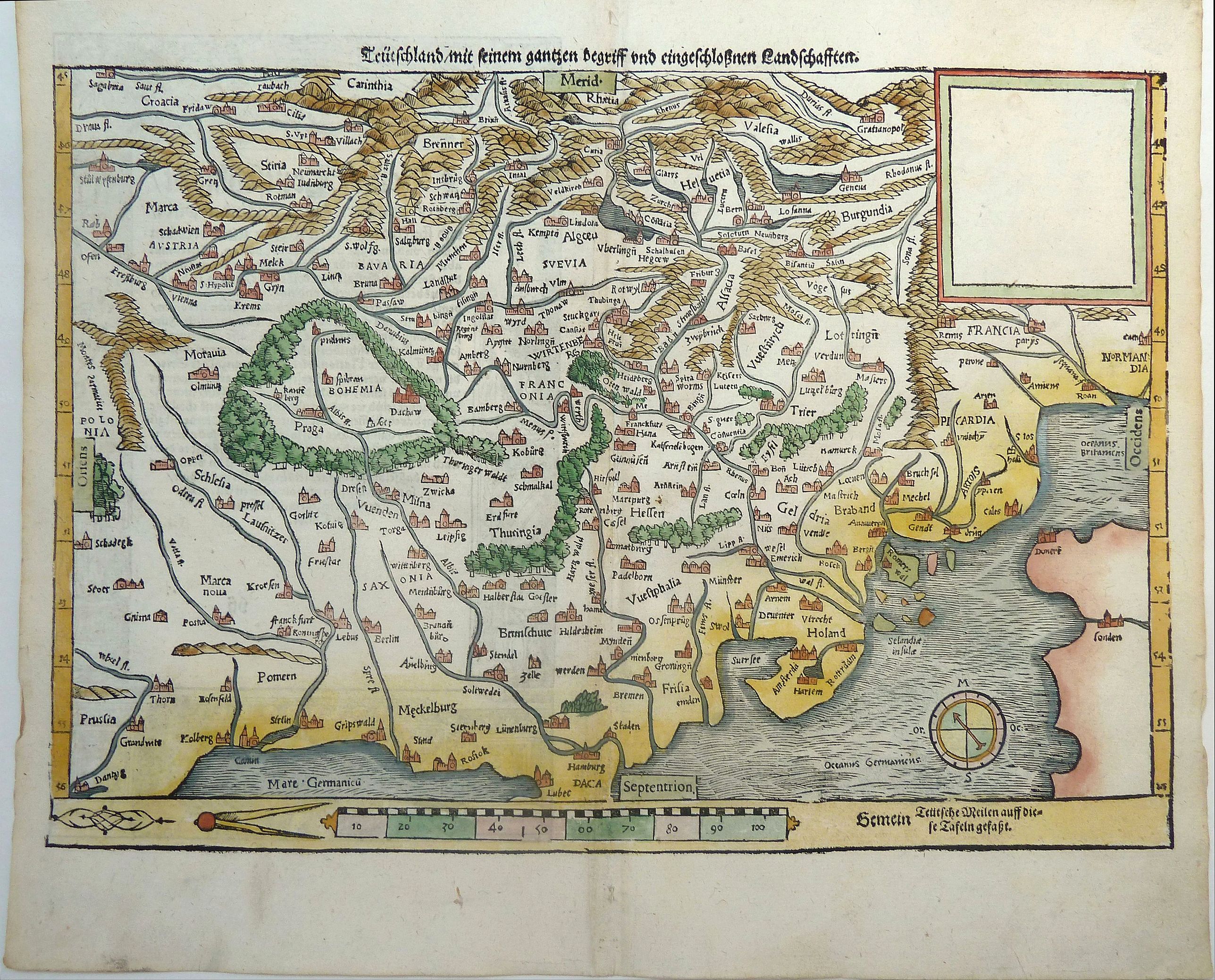 MÜNSTER, Sebastian., TEÜTSCHLAND MIT SEINEM GANTZEN BEGRIFF UND EINGSCHLOSZNEN LANDSCHAFFTEN., antique map, old maps