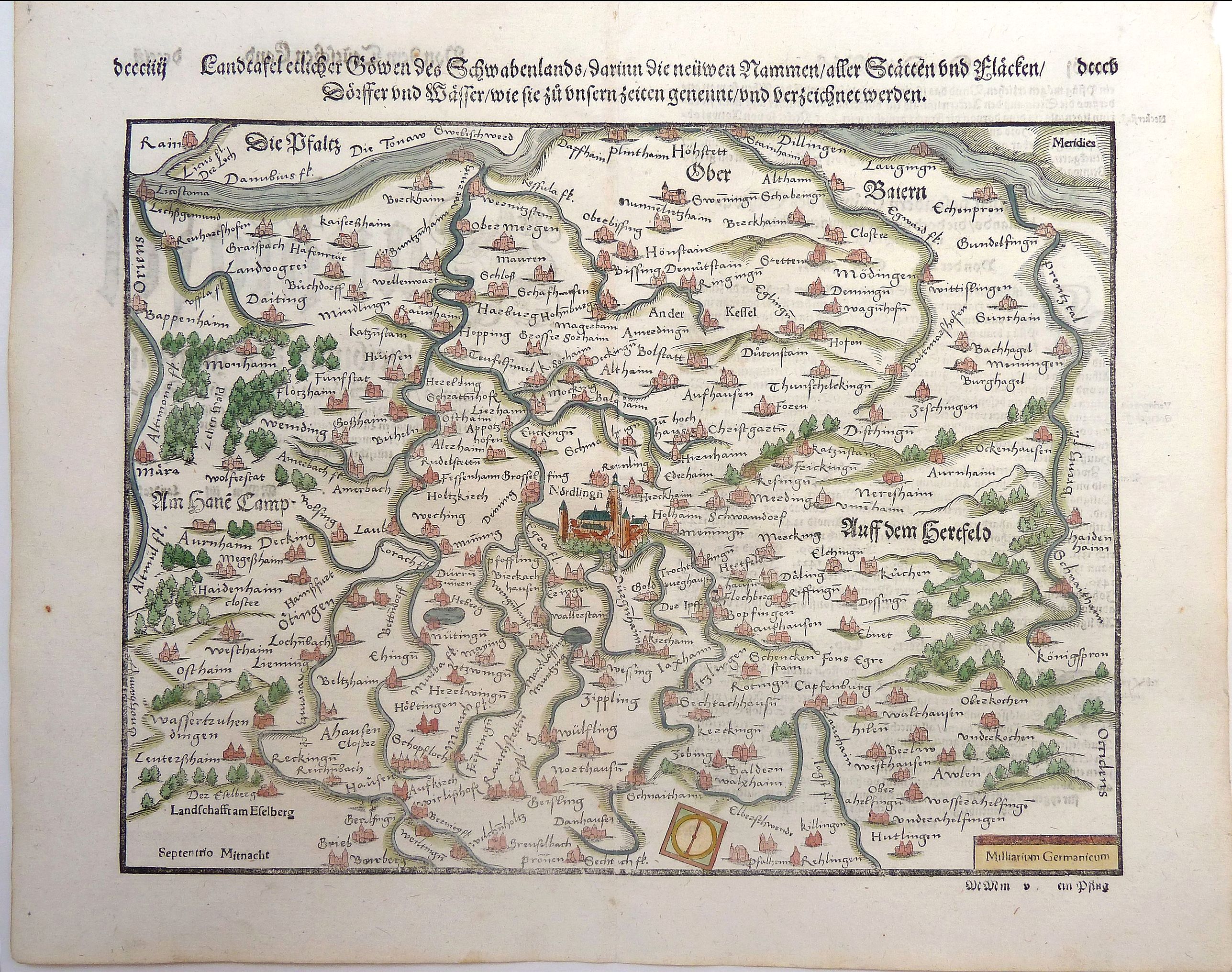 MÜNSTER, Sebastian., Landtafel etlicher Gowen des Schwabenlands darinn die newen Nammen aller Stetten, Flaecken, Dorffern, Wassern., antique map, old maps