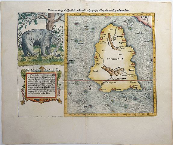 MÜNSTER, Sebastian., Sumatra ein grosse Insel, so von den alten Geographen Taprobana, ist genent worden (Sri Lanka)., antique map, old maps