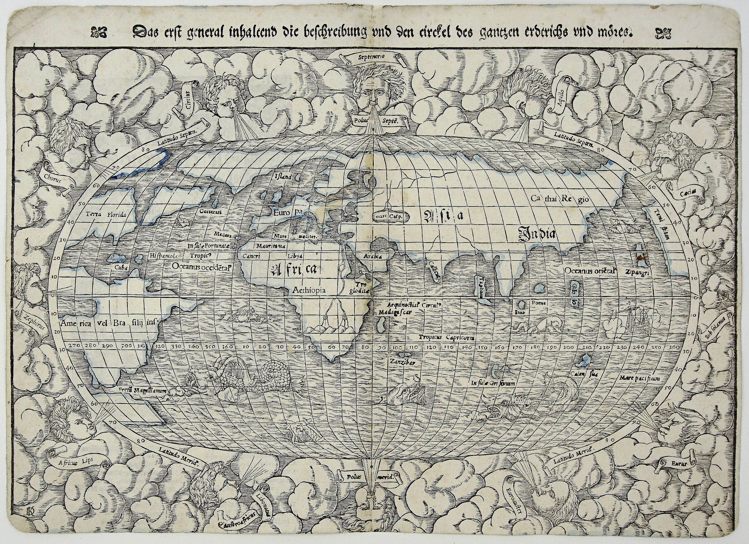 MUNSTER, S., Das erst General, inhaltend die beschreibung und den Circkel des gantzen Erderichs und Möres., antique map, old maps