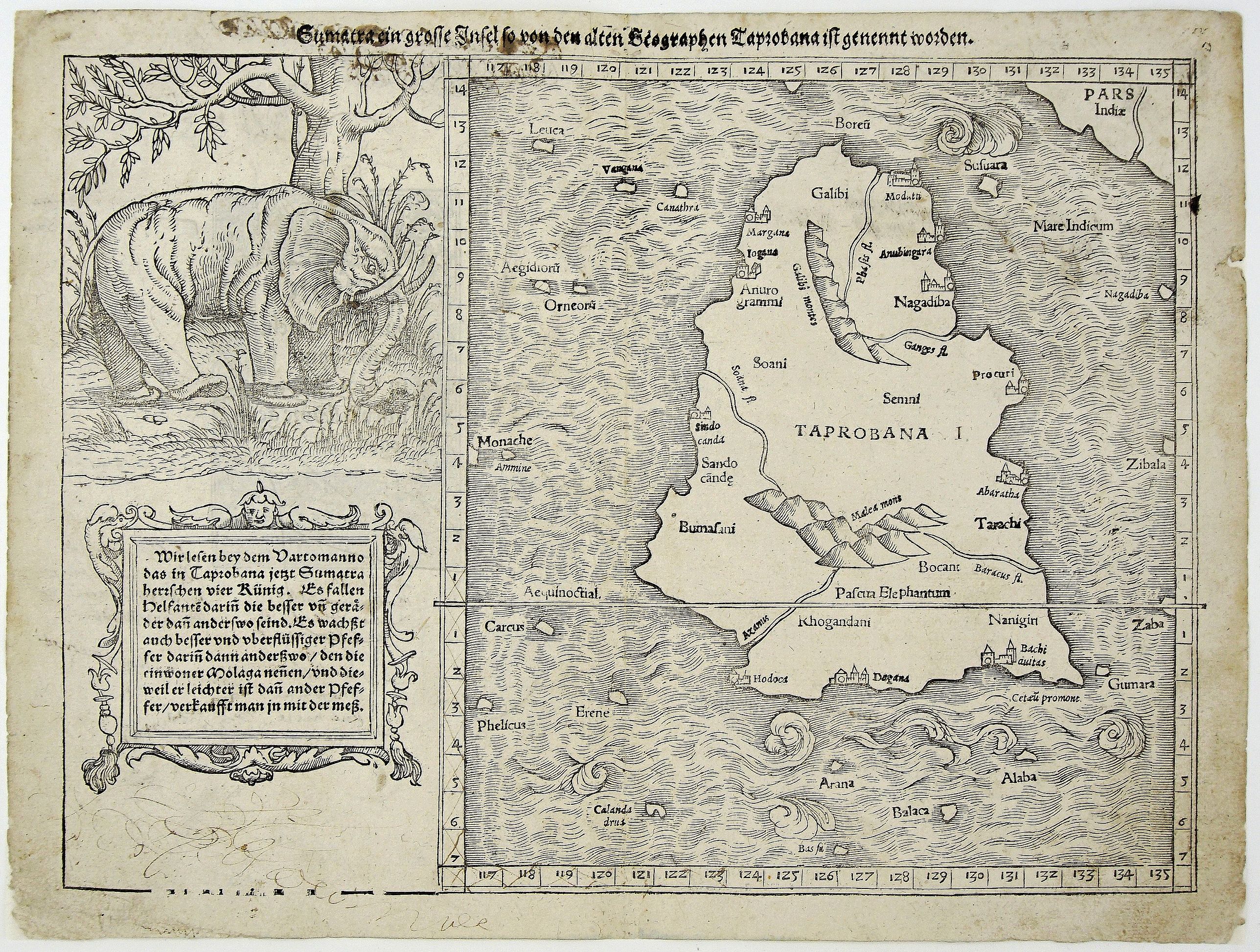 MÜNSTER, S., Sumatra ein grosse Insel, so von den alten Geographen Taprobana, ist genent worden (Sri Lanka)., antique map, old maps