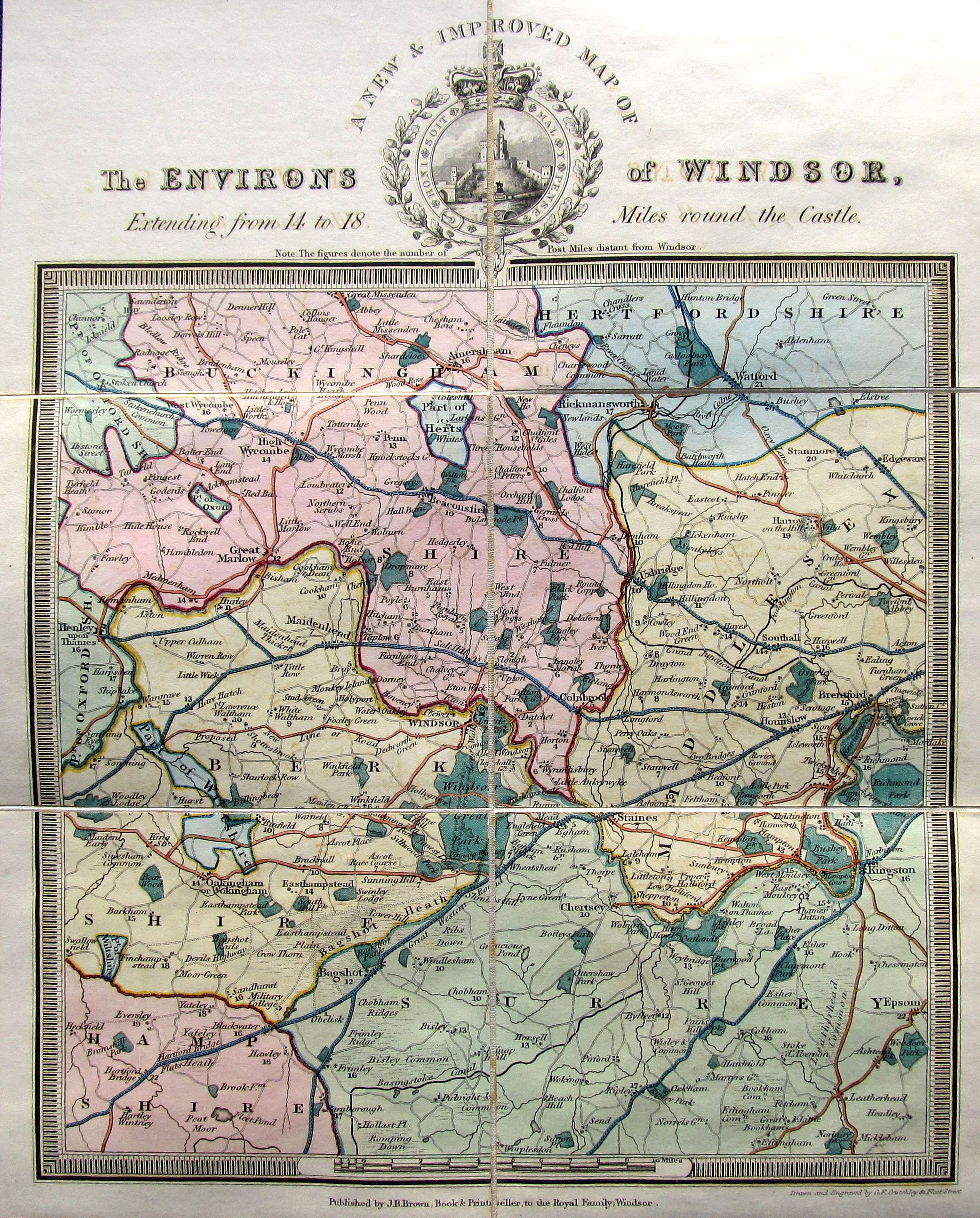 CRUTCHLEY, G. F., A new & improved map of the environs of Windsor, extending from 14 to 18 miles round the castle., antique map, old maps