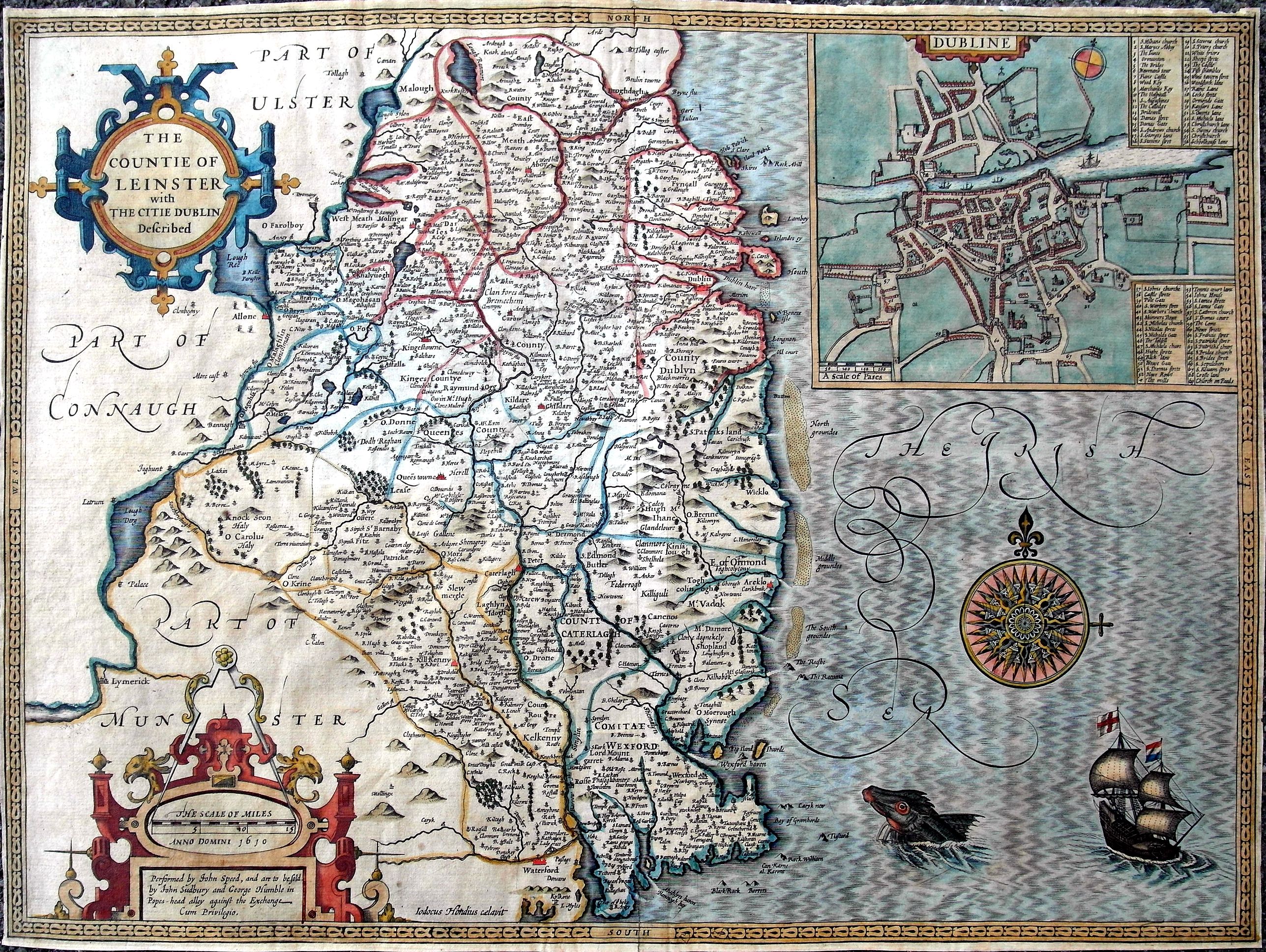 SPEED, J., The countie of Leinster with the citie Dublin described., antique map, old maps