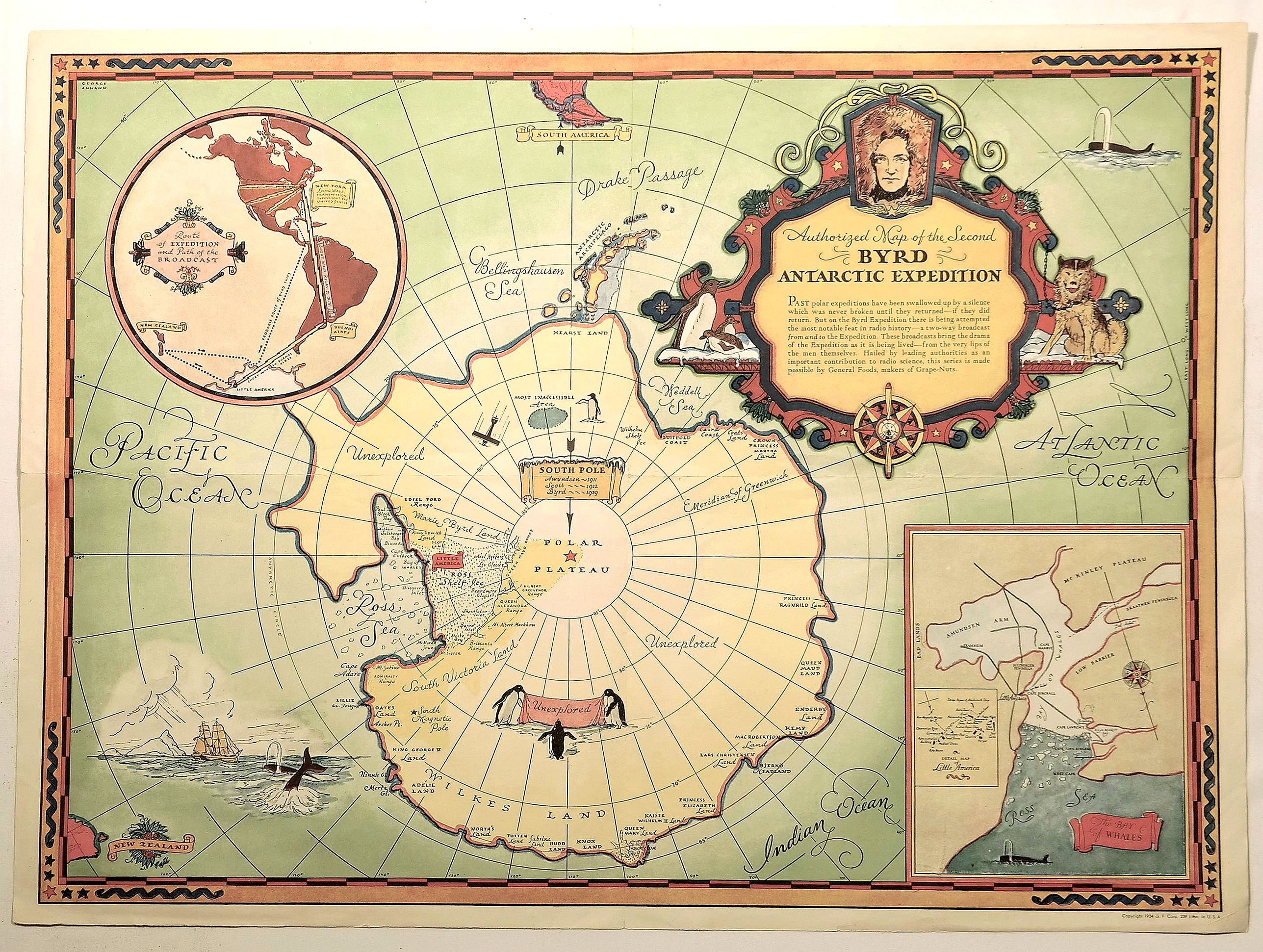 ANNAND, G., Authorized Map of the Second Byrd Antarctic Expedition., antique map, old maps