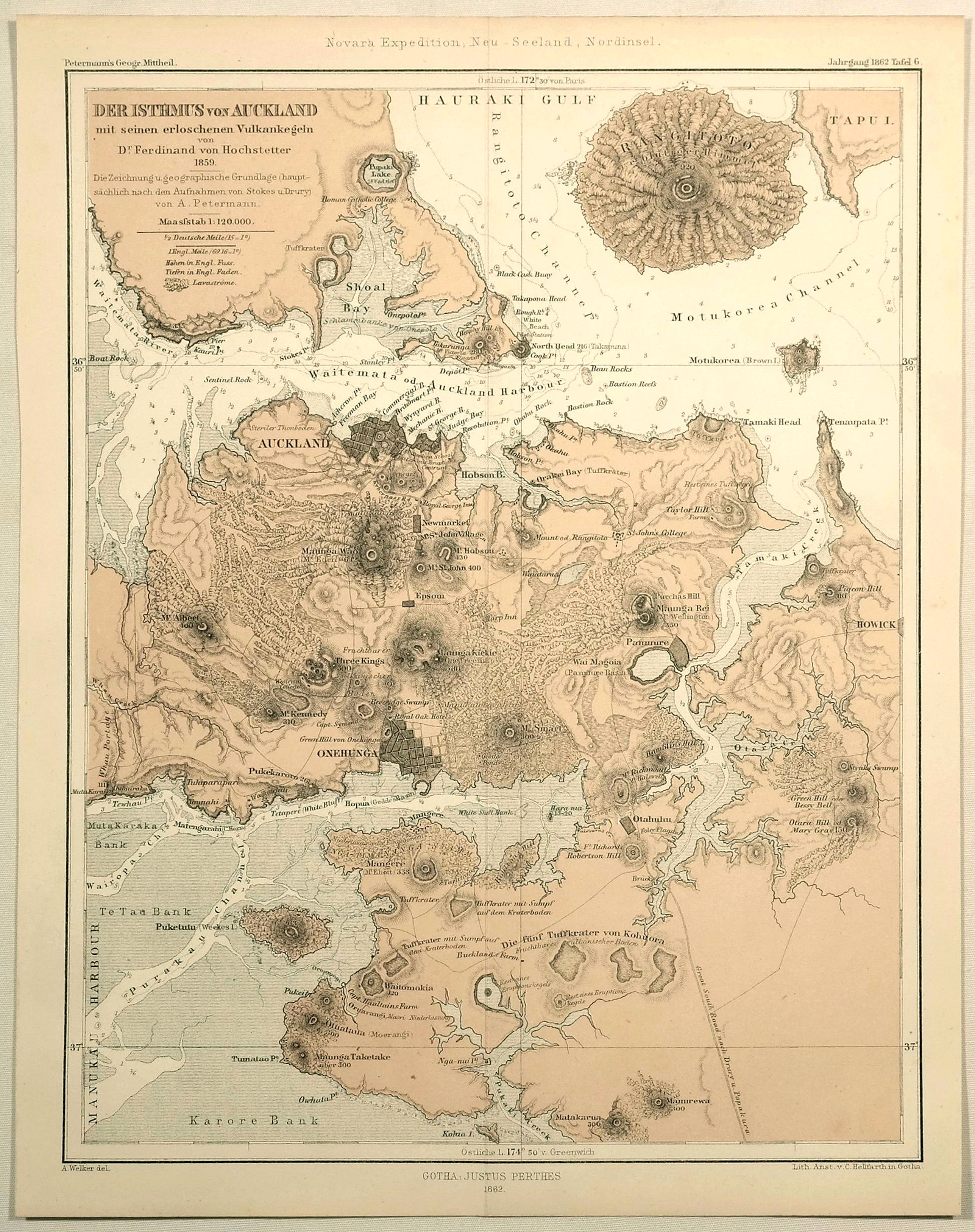 PERTHES, J., Der Isthmus von Auckland Mit Seinen Erloschenen Vulkanegein., antique map, old maps