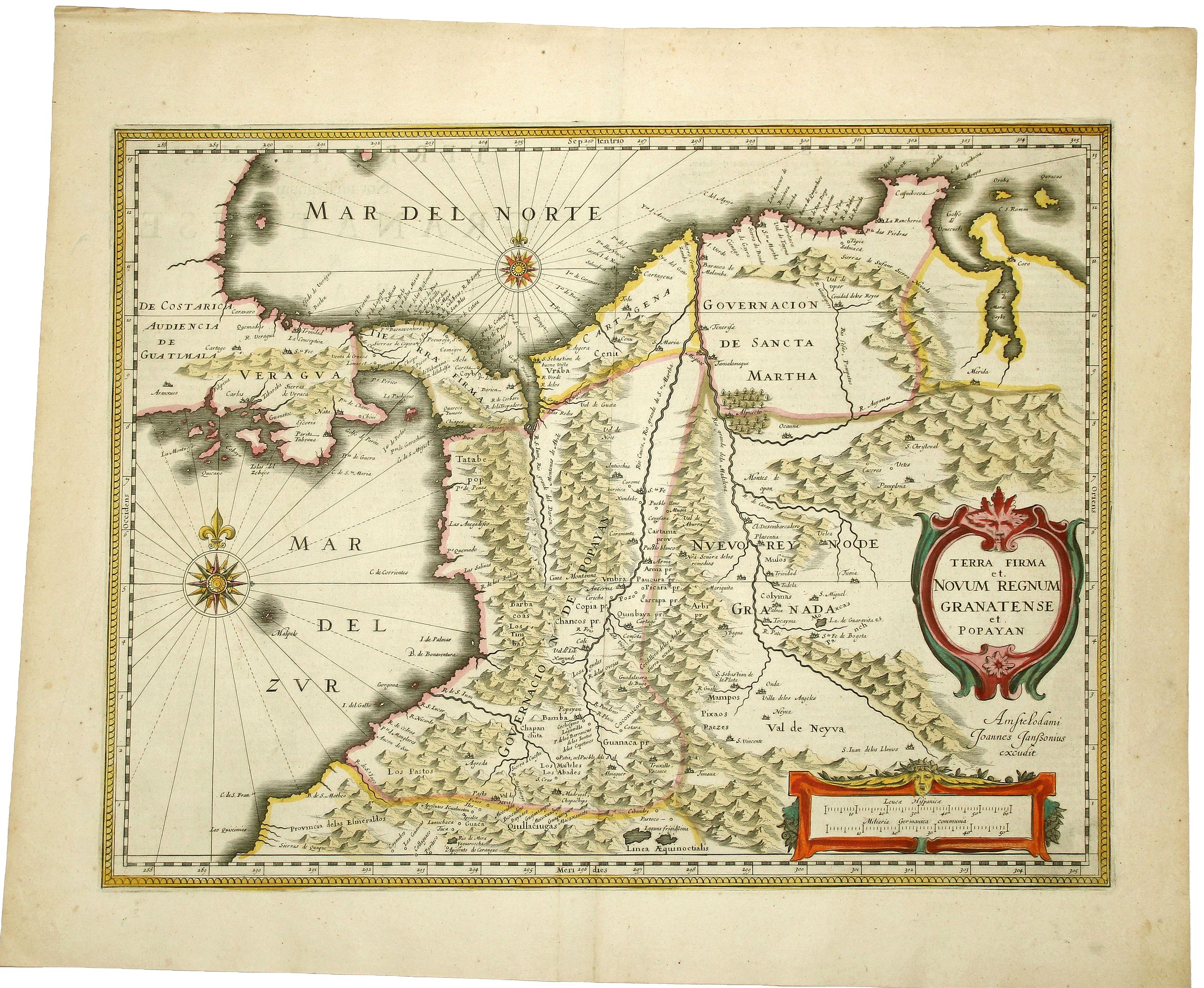 JANSSONIUS, J., TERRA FIRMA et NOVUM REGNUM GRANATENSE et POPAYAN., antique map, old maps