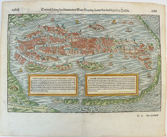 MÜNSTER, Sebastian., Contrafehtung der fürnemmen Statt Venedig, sampt den umbligenden Inseln., antique map, old maps