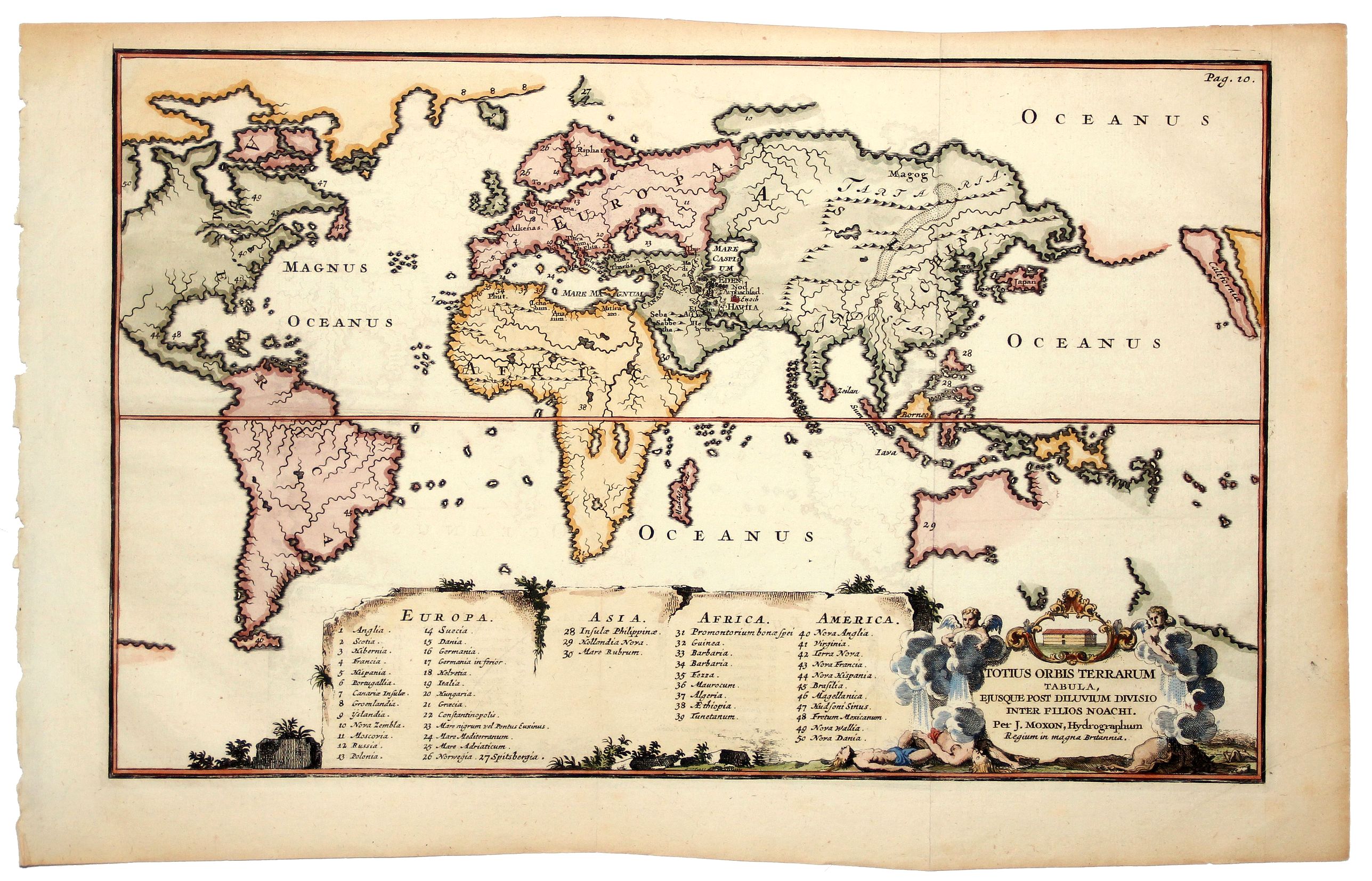 MOXON, J., TOTIUS ORBIS TERRARUM Tabula, Ejusque post diluvium divisio inter filios noachi., antique map, old maps