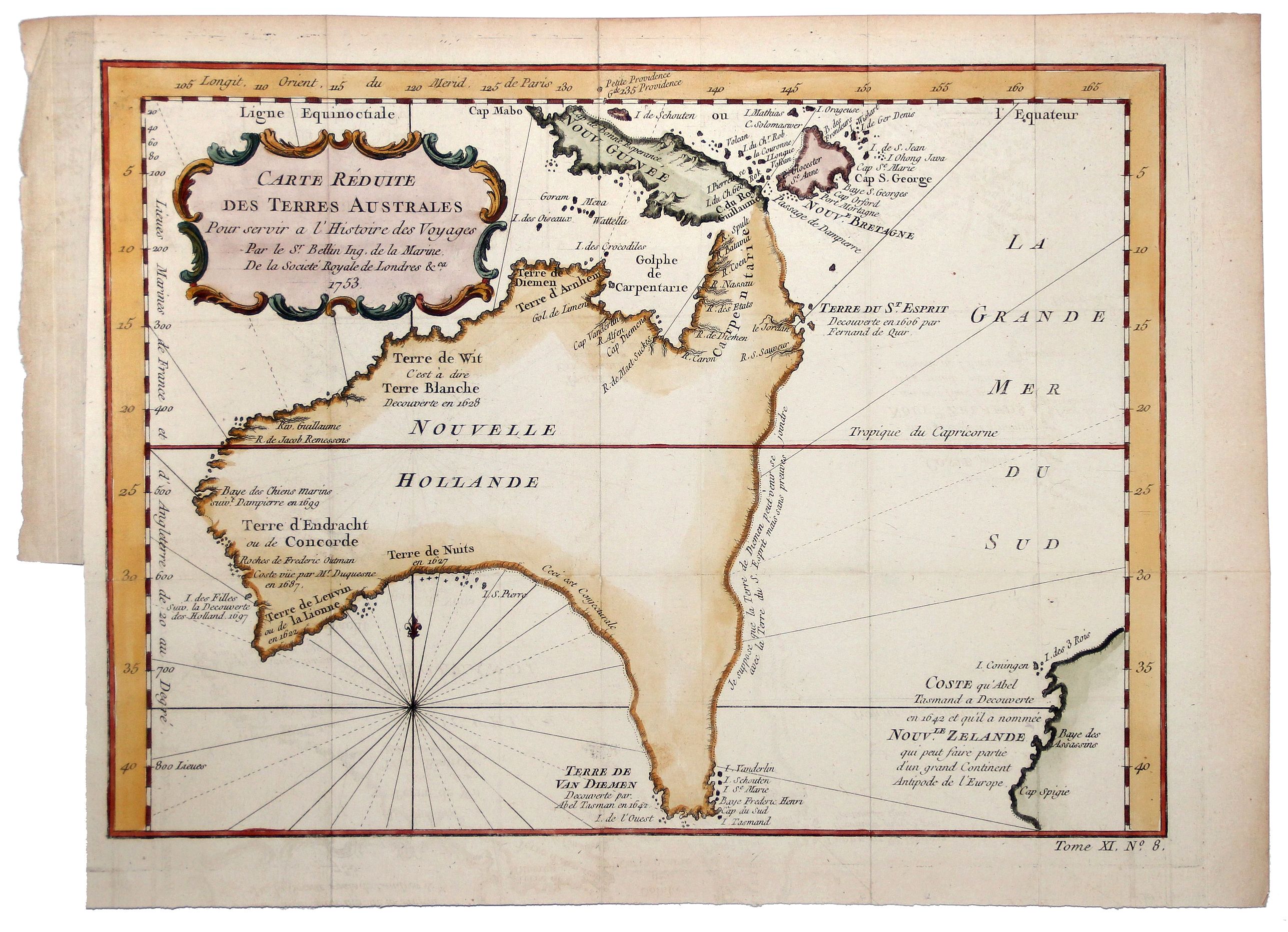 BELLIN, J.N., CARTE REDUITE DES TERRES AUSTRALES., antique map, old maps