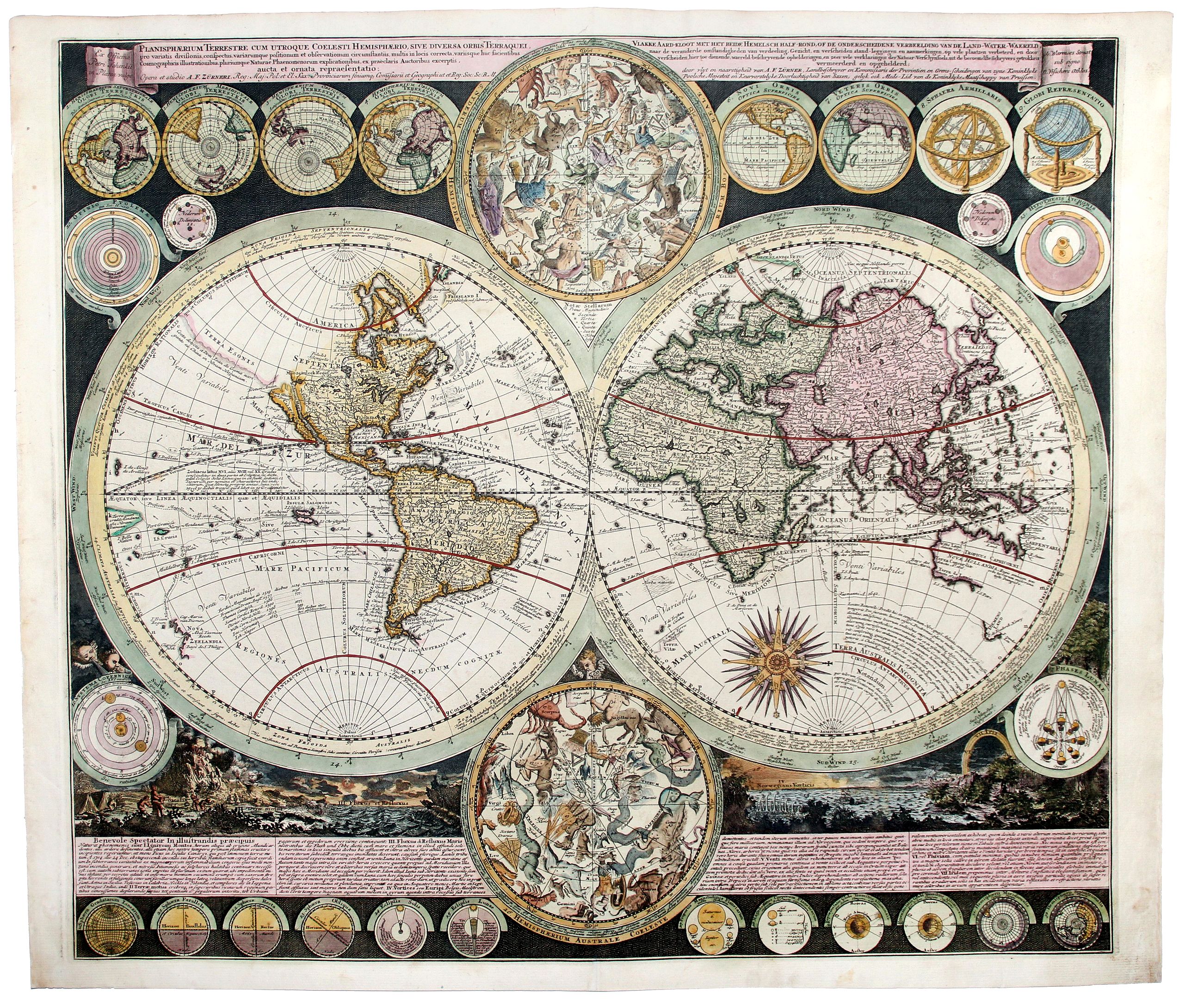 ZURNER, A. F., PLANISPHAERIUM TERRESTRE CUM UTROQUE COELESTI HEMISHERIO, SIVE DIVERSA ORBIS TERRAQUEI., antique map, old maps