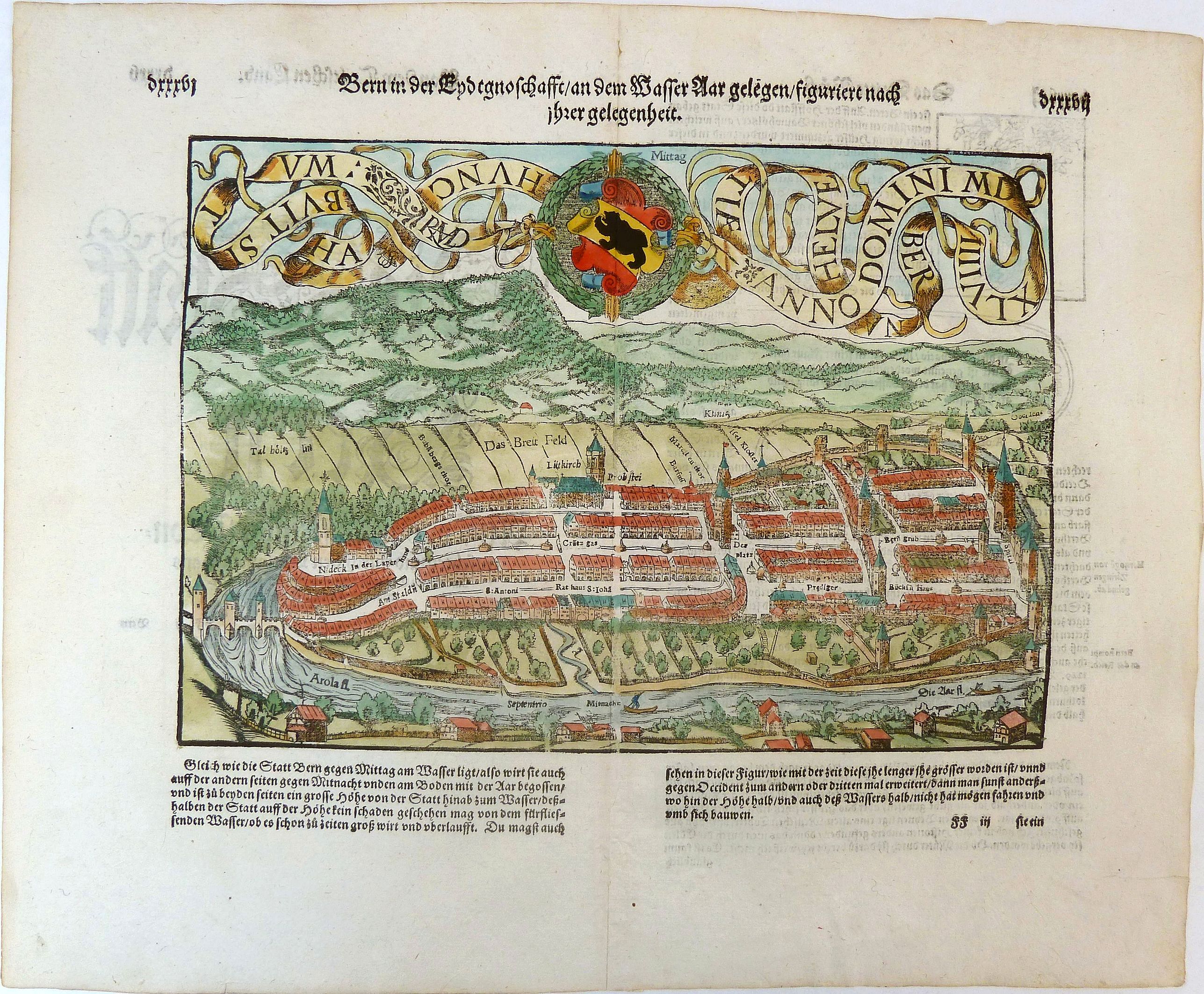 MÜNSTER, Sebastian., Bern in der Eydgnoschafft an dem Wasser Aar gelegen, figuriert nach ihrer gelegenheit., antique map, old maps