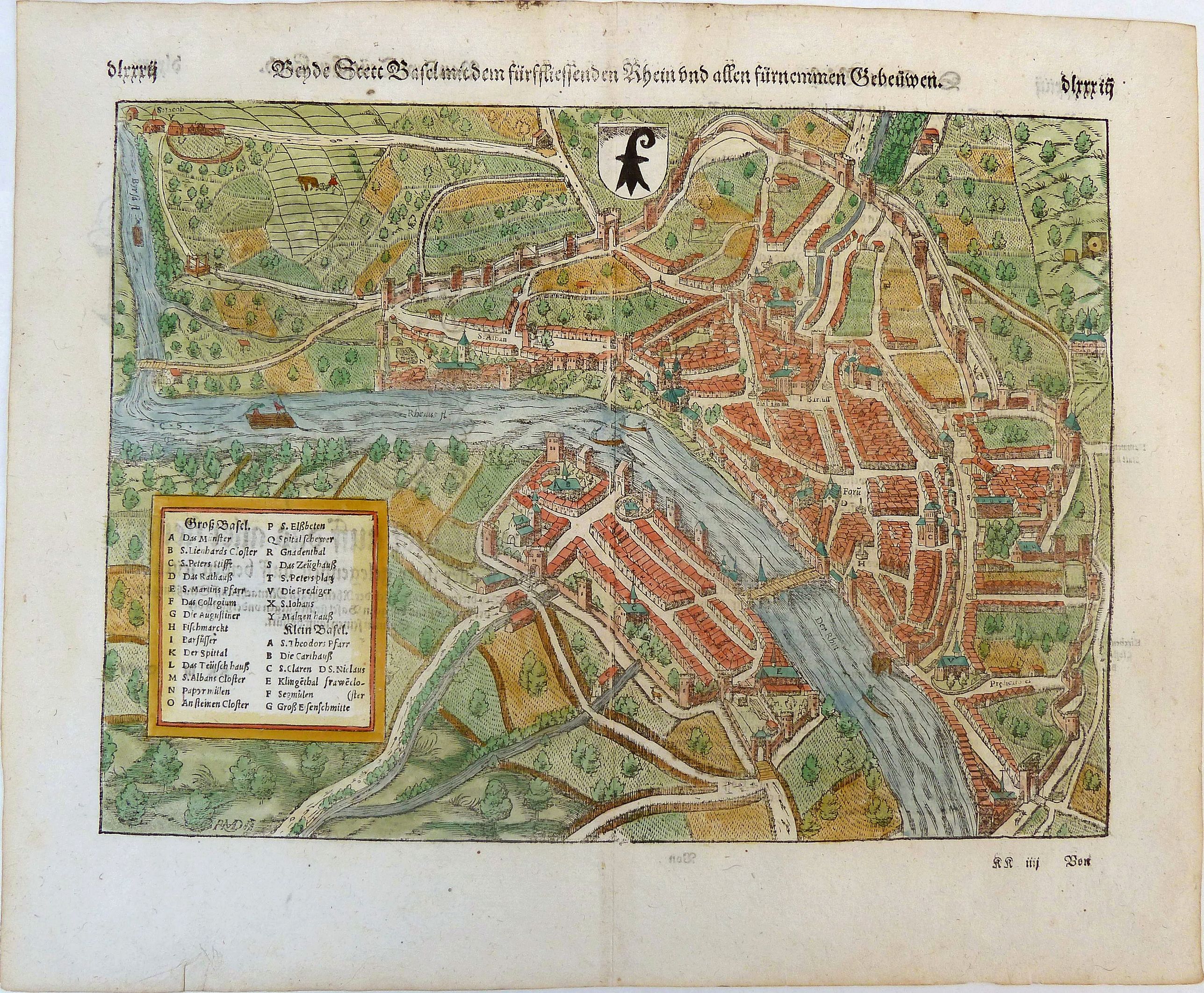 MÜNSTER, Sebastian., Beyde Stett Basel mit dem fürfliessenden Rhein und allen fürnemmen gebeüwen., antique map, old maps