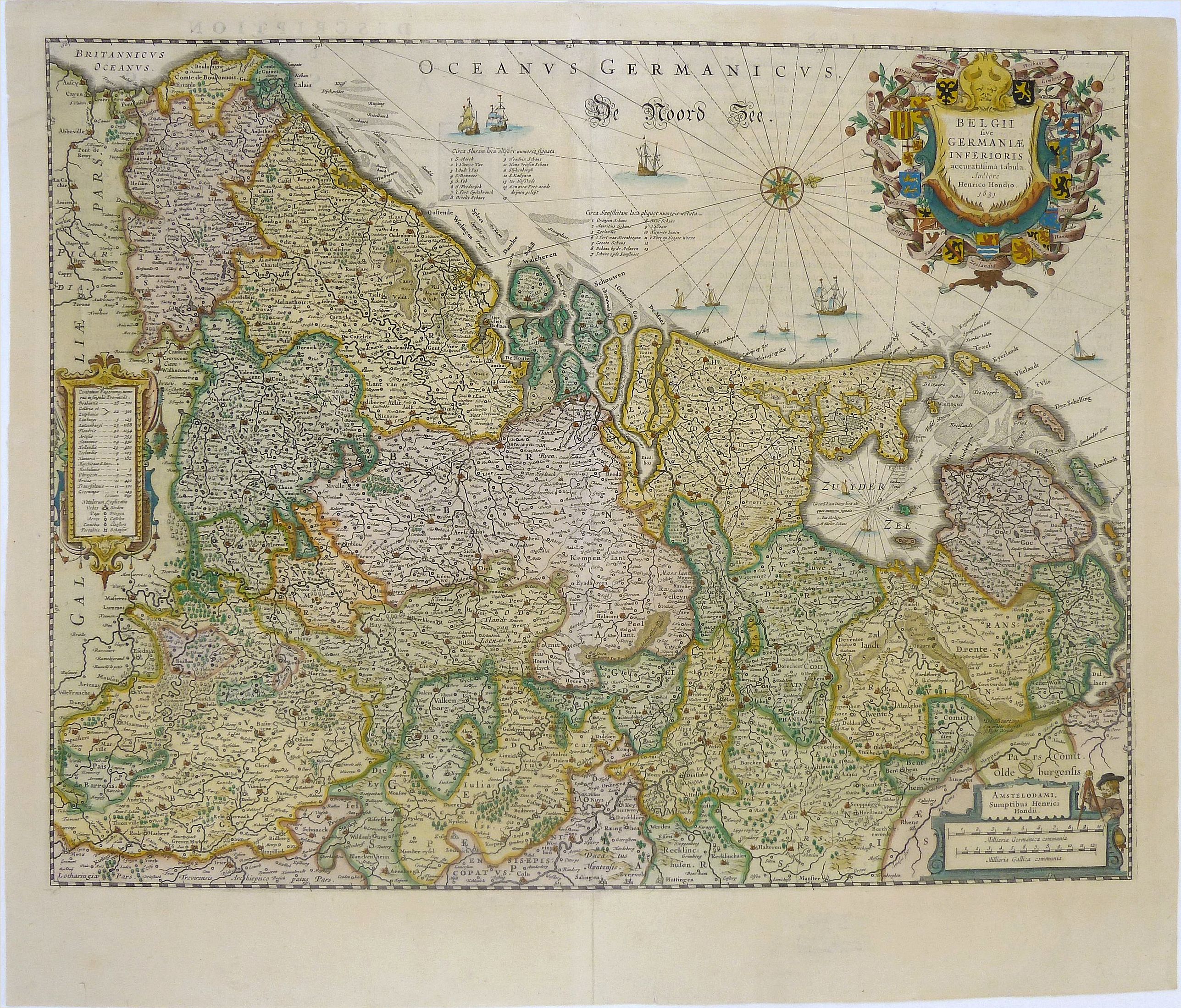 HONDIUS, H., Belgii Sive Germaniae Inferioris accuratissima tabula., antique map, old maps