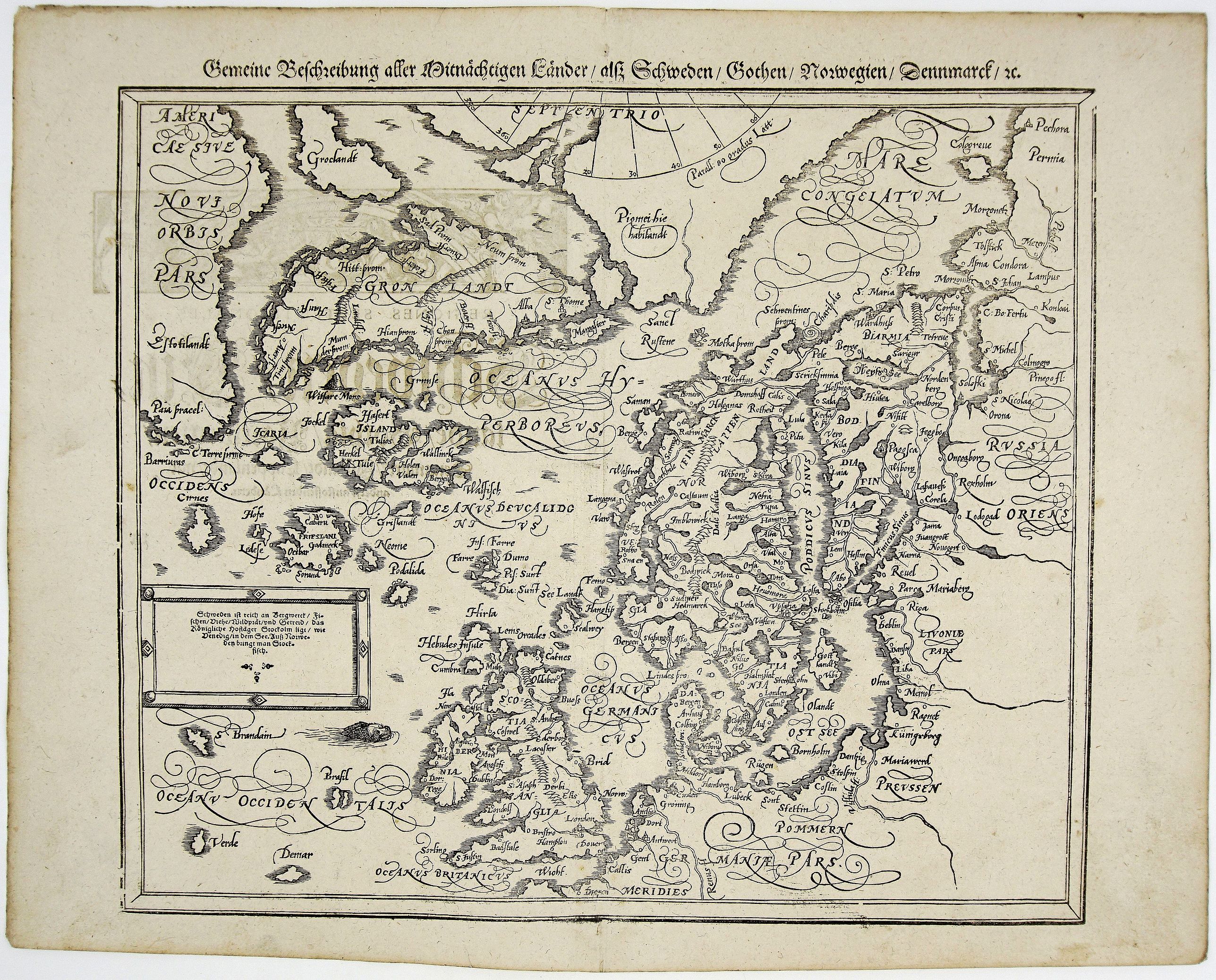 MUNSTER, S., Gemeine Beschreibung aller Mitnachtigen Lander / alss Schweden / Gothen / Norwegien / Denmarck / &c., antique map, old maps