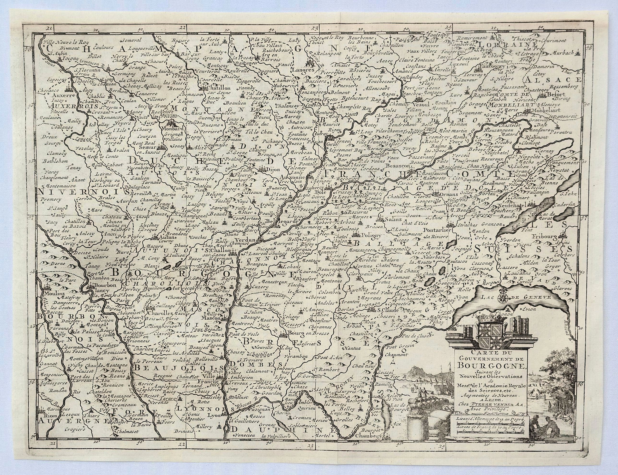 VAN DER AA, P., Carte du Gouvernement de Bourgogne Suivant les Nouvelles Observations. . ., antique map, old maps