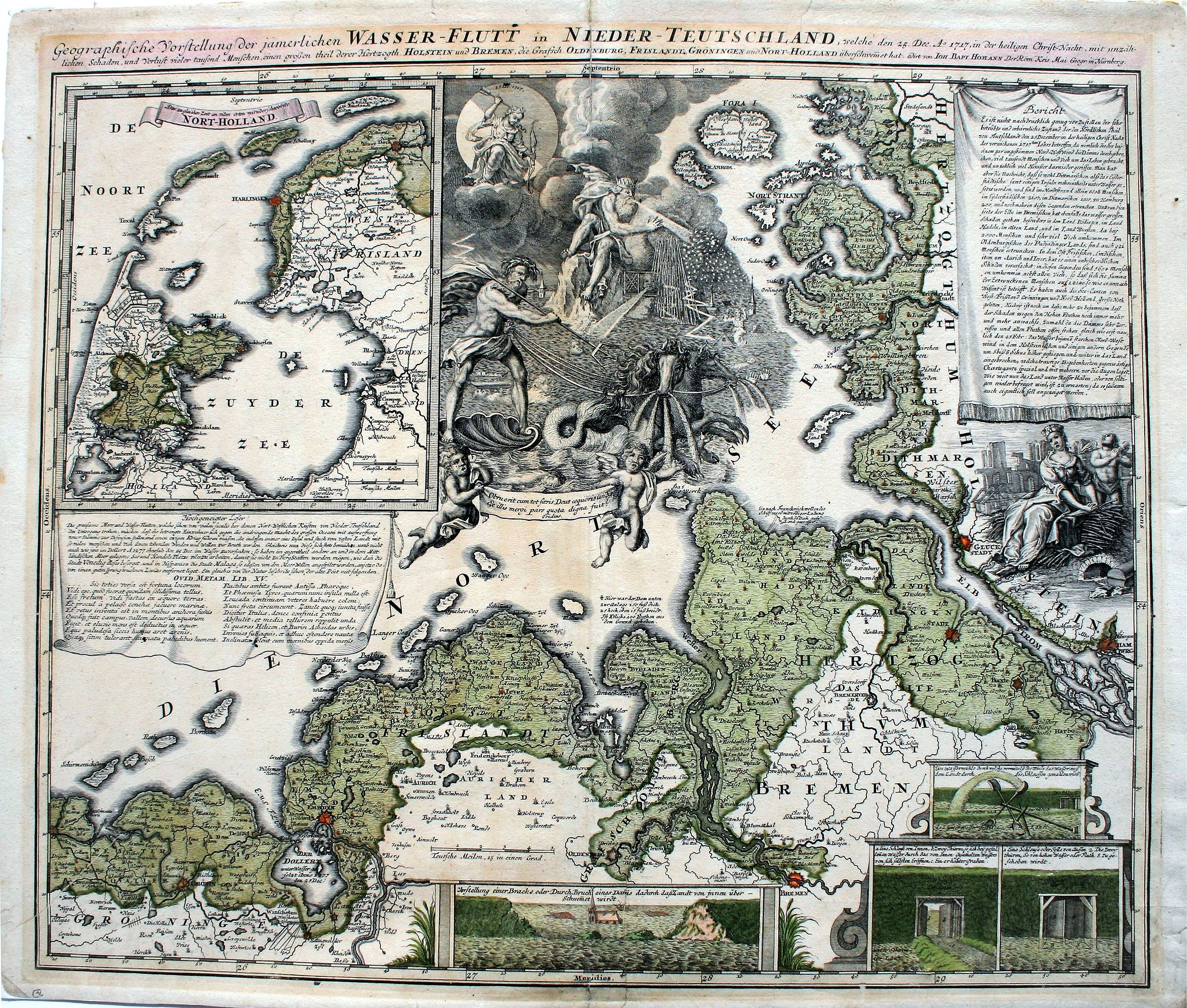 Homann, J. B., Geographische Vorstellung der jämerlichen Wasser-Flutt in Nieder-Teutschland, welche den 25.Dec.A° 1717,in der heiligen Christ-Nacht . . , antique map, old maps