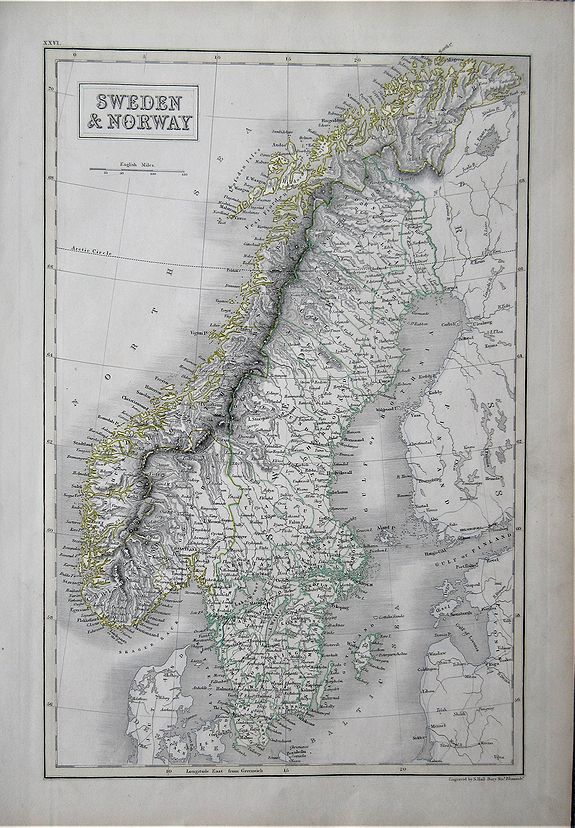 HALL, Sidney / A & C Black. , Sweden & Norway. , antique map, old maps