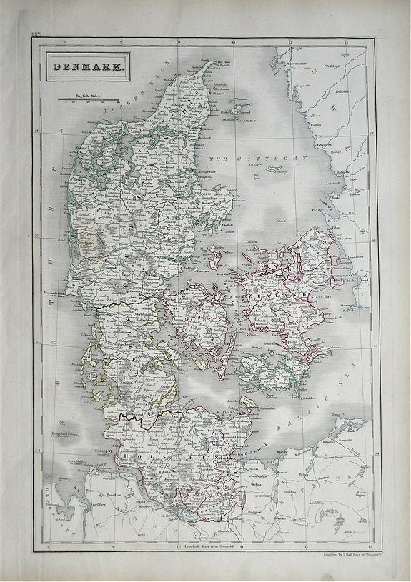 HALL, Sidney / A & C Black., Denmark., antique map, old maps