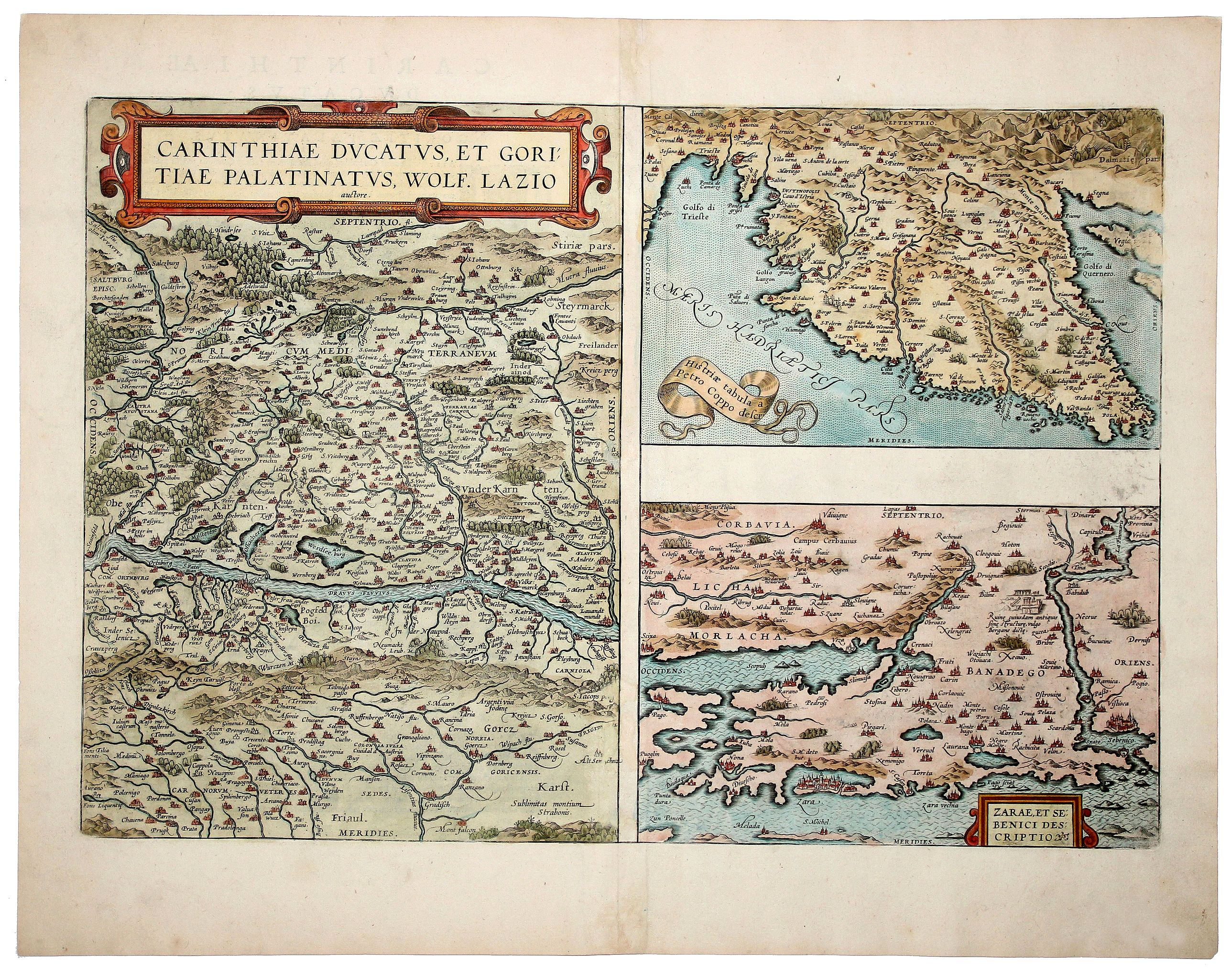 ORTELIUS, Abraham., CARINTHIAE DUCATUS, ET GORITIAE PALATINATUS, WOLF. LAZIO -Histriae tabula a Petro Coppo defer - ZARAE, ET SEBENICI DESCRIPTION, antique map, old maps