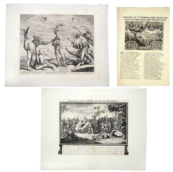 ANONYMOUS., De Actiewereld op haar einde - VONNIS VAN APOL OVER DE BUBBELS - MISSISIPPI, OF 'T WYD BEFAAMDE GOUD-LAND, DOOR DE INBEELDING DER WIND-NEGOTIE (John Law)., antique map, old maps