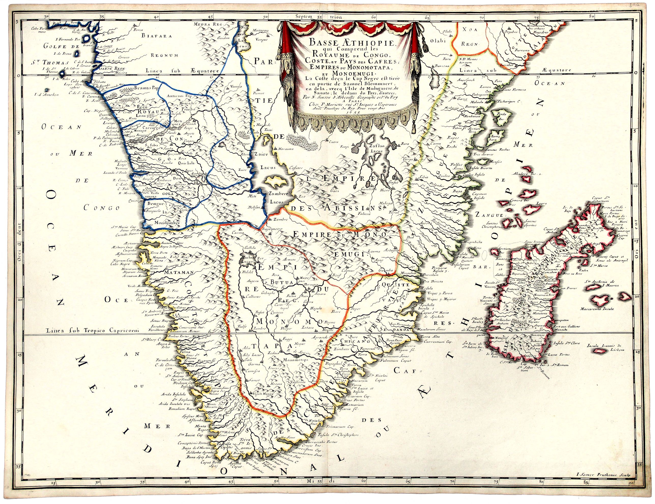 SANSON, Nicolas., BASSE AETHIOPIE qui Comprend les ROYAUME de CONGO, COSTE, et Pays des CAFRES, Empires du Monomotapa, Monoemugi. … 1655, antique map, old maps
