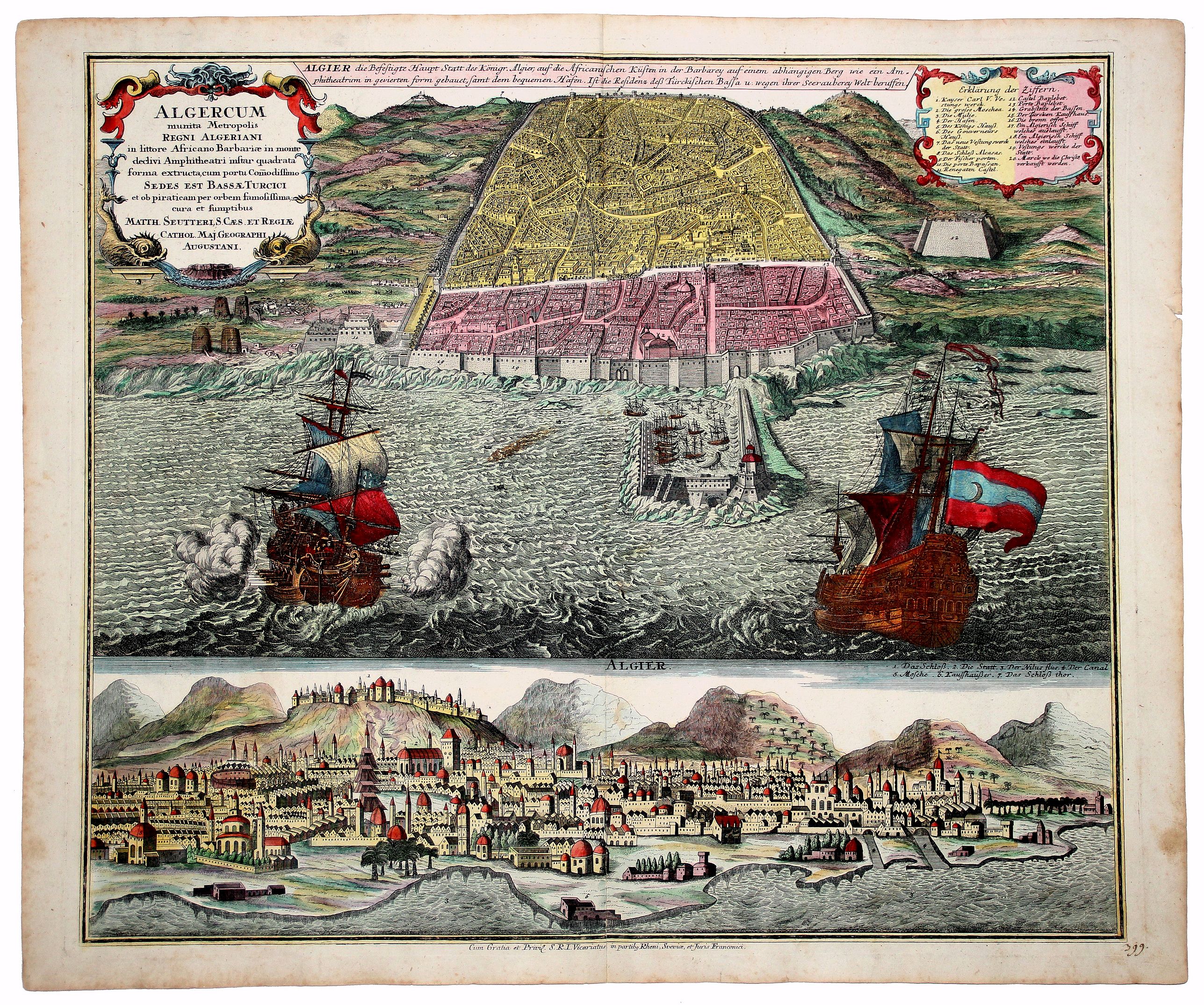 SEUTTER, Matthias., ALGERUM munita Metropolis REGNI ALGERIANI in littore Africano Barbariae in monte delici Amphitheatri instar quadrata forma… SEDES EST BASSAE TURCICI... (ALGERIA), antique map, old maps