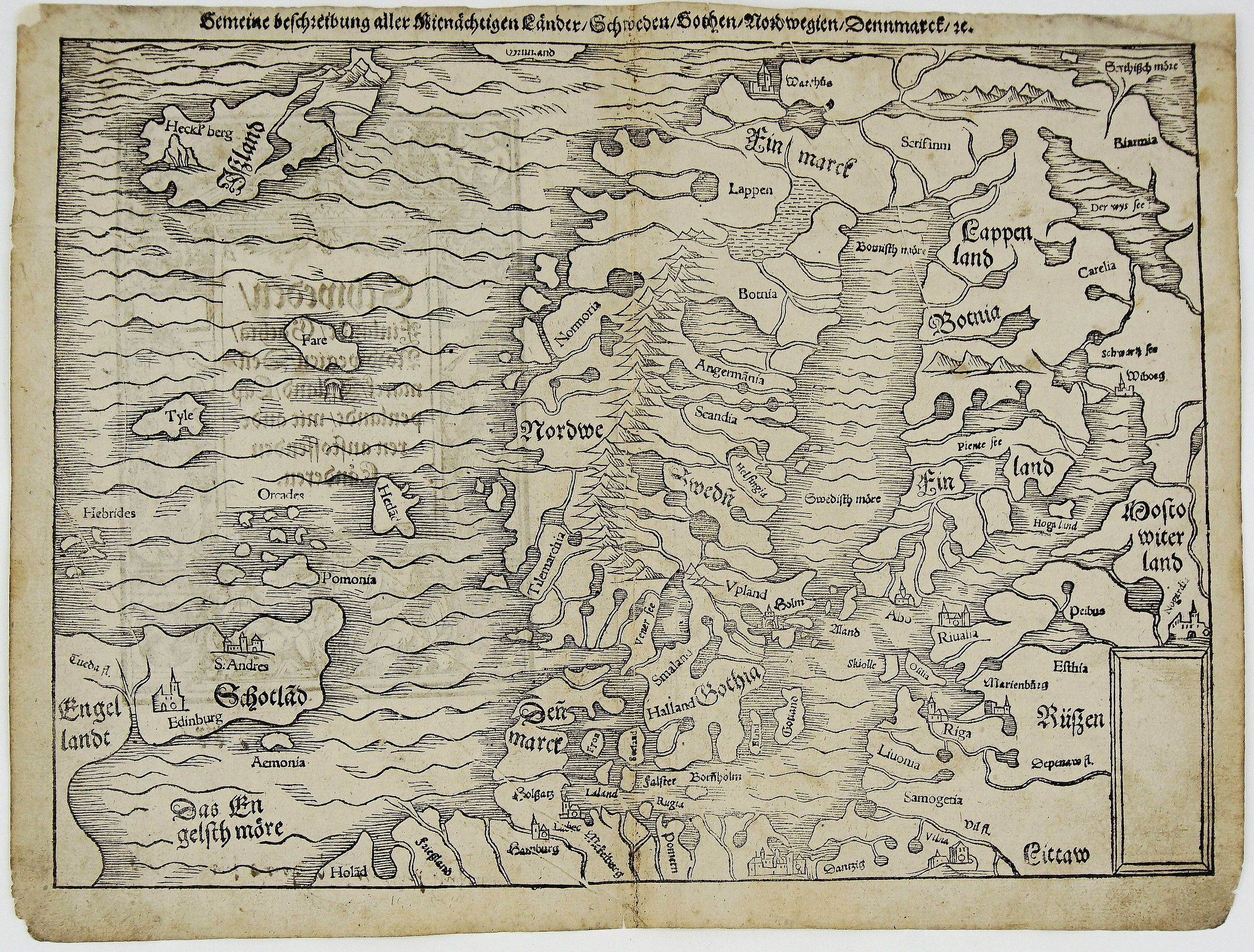 MÜNSTER, S., Gemeine Beschreibung Aller Mitnachtigen Lander Schweden, Gothen, Nordwegien, Dennmarck. . ., antique map, old maps