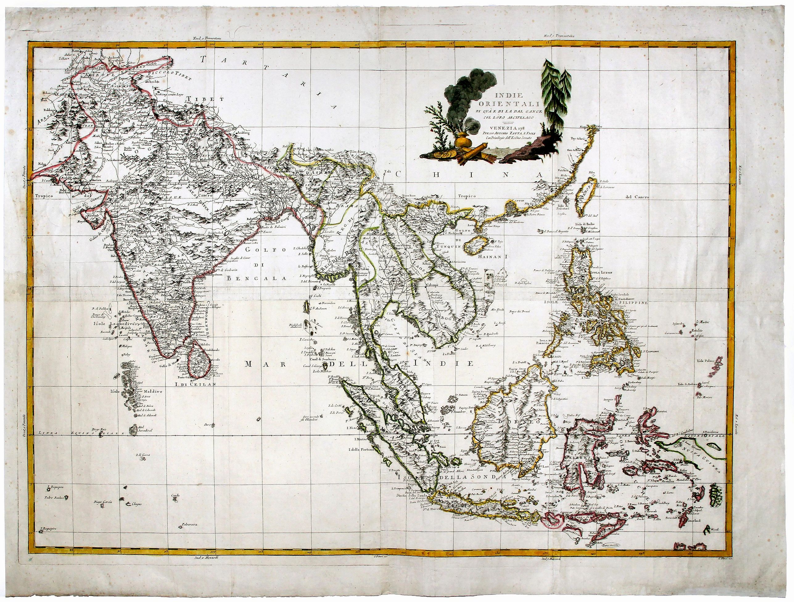 ZATTA, A., INDIE ORIENTALI di qua e di la dal Gange col rolo arcipelago., antique map, old maps