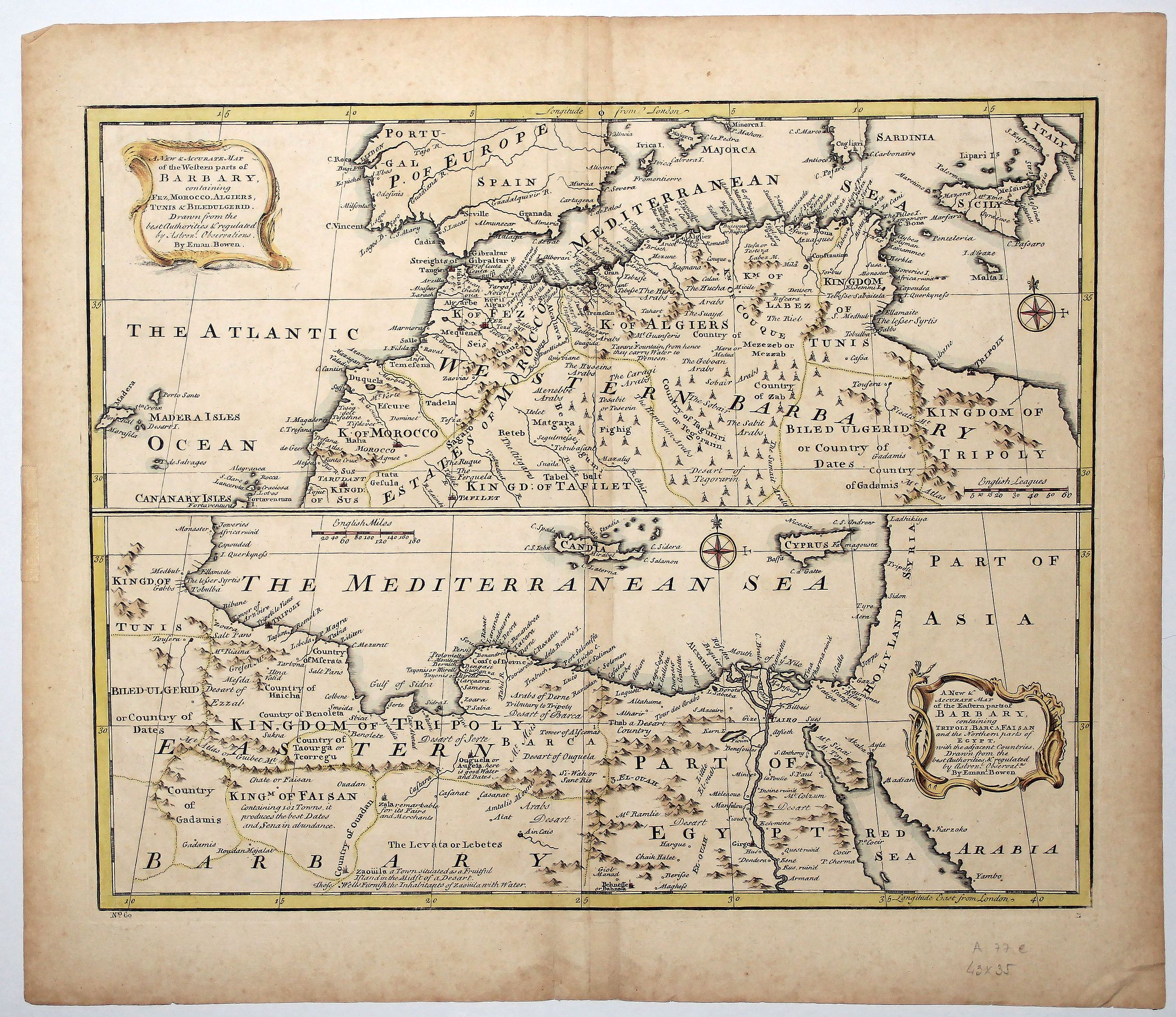 BOWEN, E., A New & Accurate Map of the Western parts of BARBARY, containing FEZ, MOROCCO, ALGIERS, TUNIS & BILEDULGERID., antique map, old maps