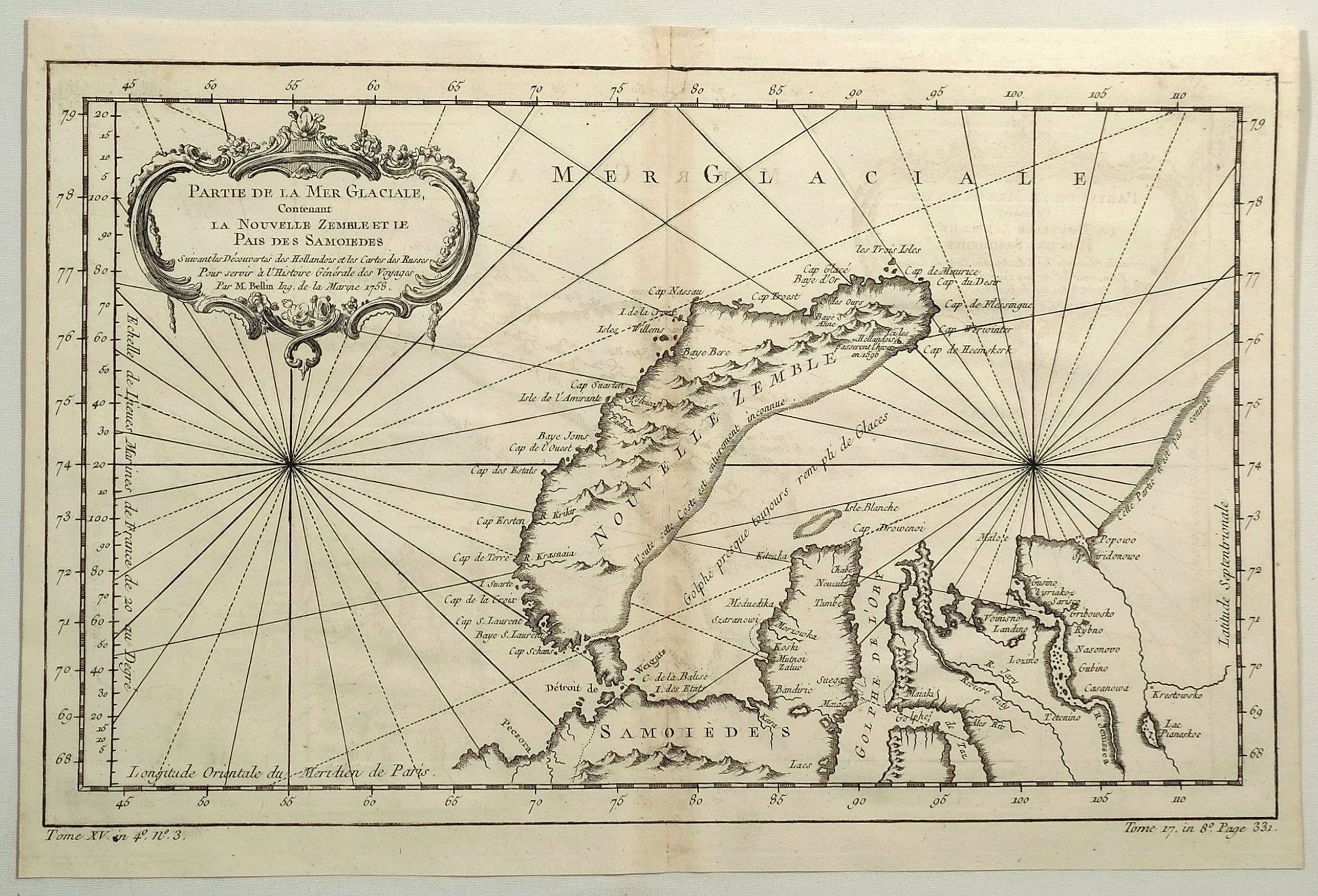 Bellin, J.N., Partie de la Mer Glaciale, Contenant La Nouvelle Zemble et le Pais des Samoiedes., antique map, old maps