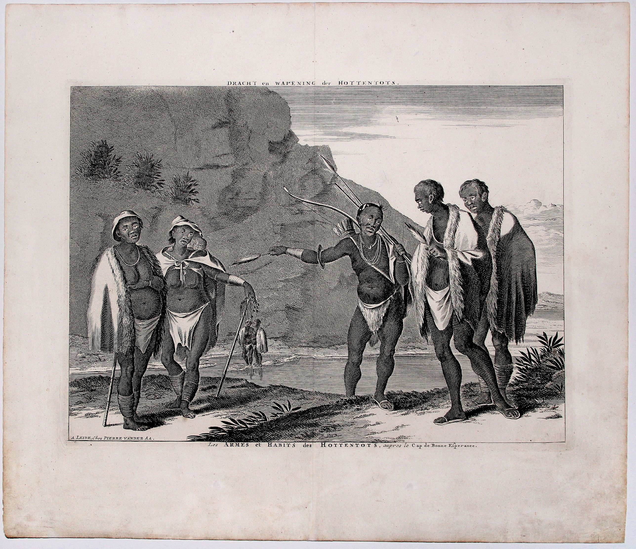 VAN DER AA, P., DRACHT en WAPENING der HOTTENTOTS (Dress and weapons of the Hottentotts), antique map, old maps