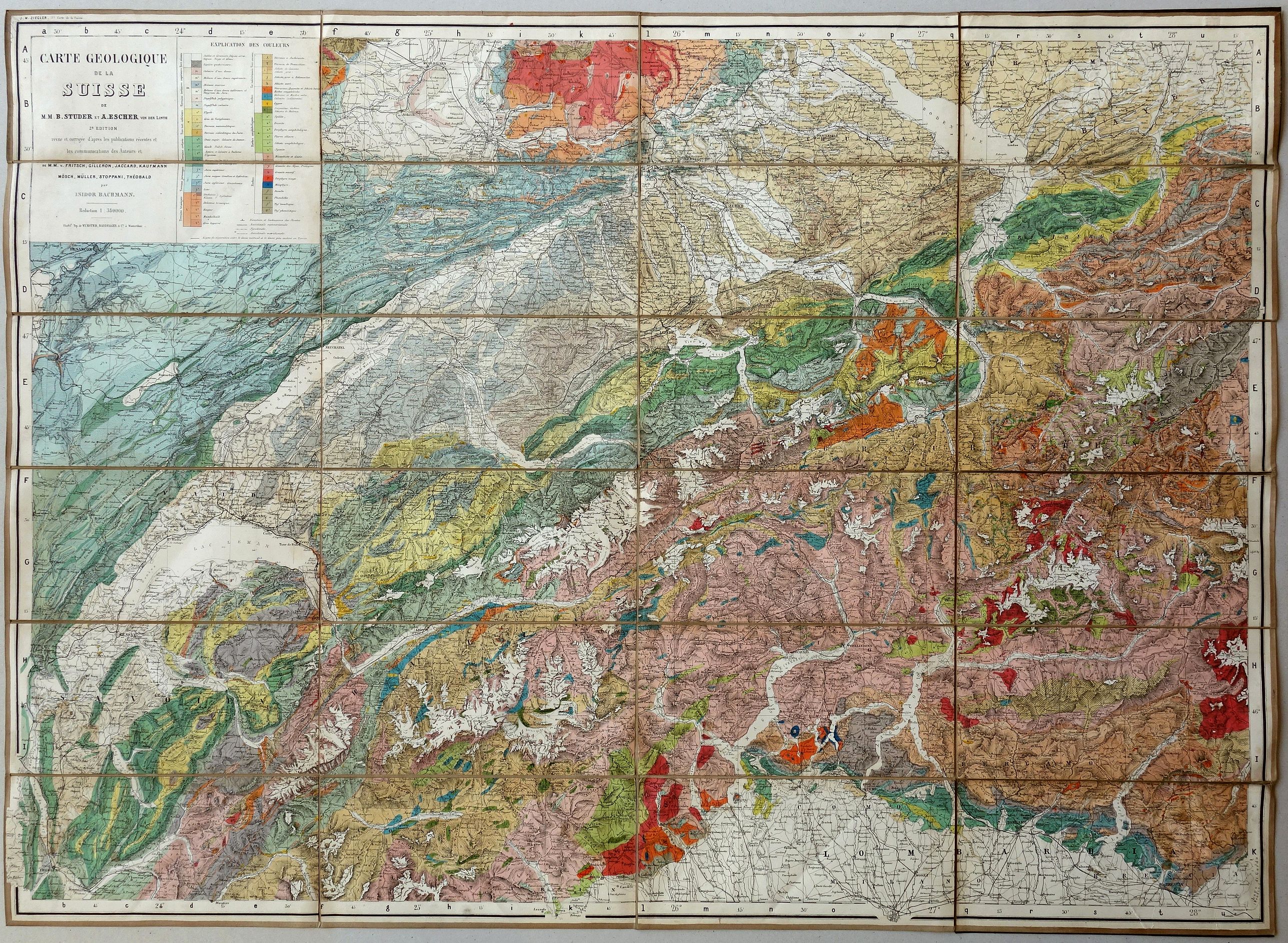 STUDER, Bernard, Carte Geologique de la Suisse de M.M.B. Studer et A. Escher von der Linth. 2nd Edition revue et corrigée d'après les publications récentes et les communications des auteurs et de M.M. v. Fritsch, Gilleron, Jaccard, Kaufmann, Mösch, Müller, Stoppani, Théob, antique map, old maps