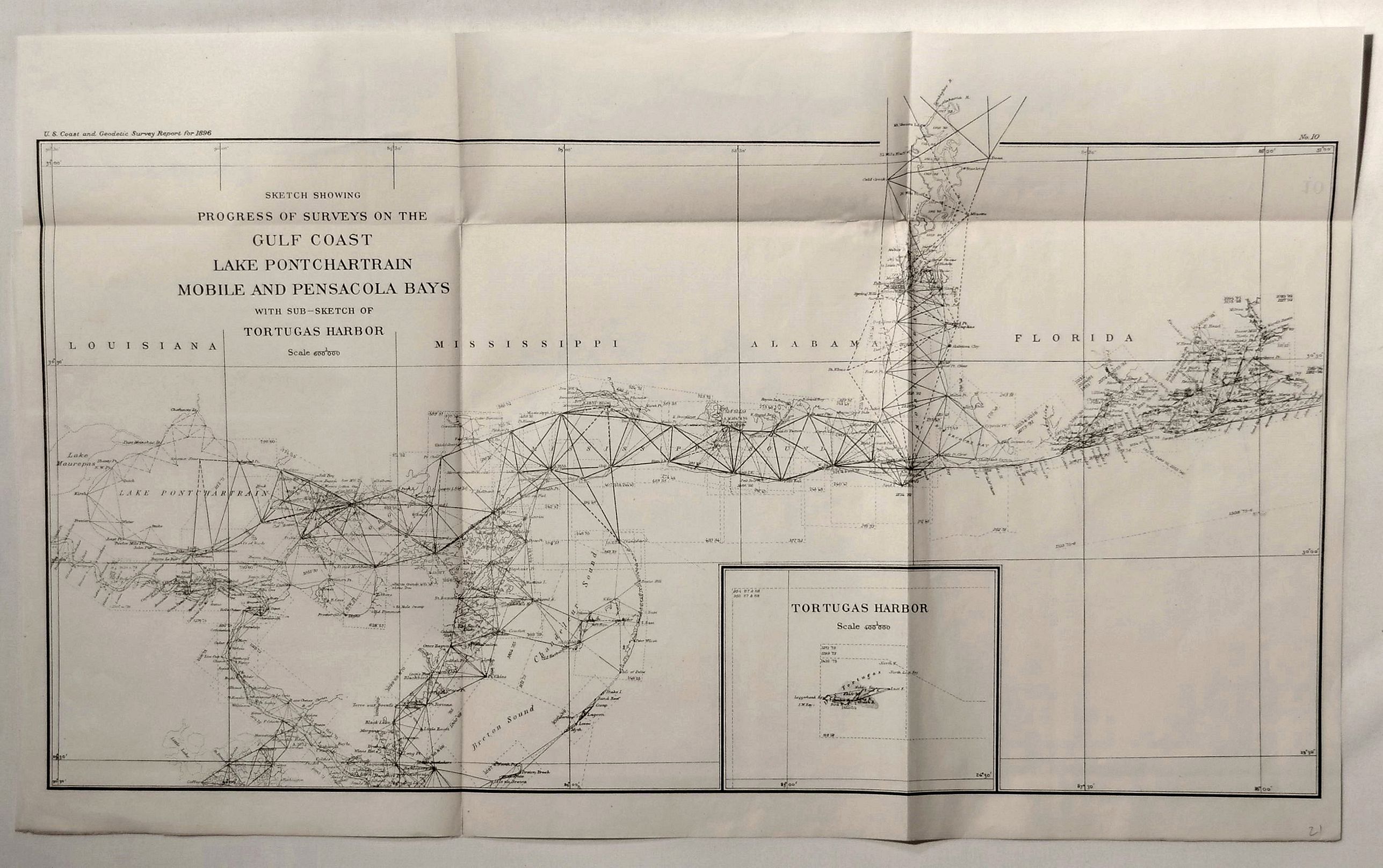 U.S. COAST & GEODETIC, Sketch Showing Progress of Surveys on the Gulf Coast Lake Pontchartrain, Mobile and Pensacola Bays., antique map, old maps