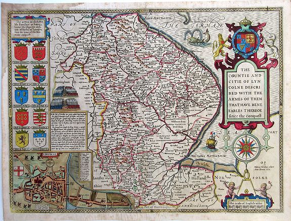 SPEED, John., The Countie and Citie of Lyncolne described with the Armes of Them That Have Bene Earles thereoe since the conquest., antique map, old maps