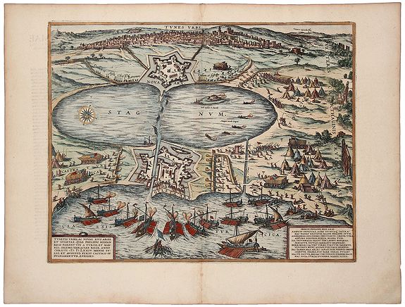 BRAUN, Georg / HOGENBERG, Frans., TUNES URBS ac Novae Eius Arcis et Guletae. Quae Philippo Hispan . . ., antique map, old maps