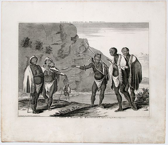 VAN DER AA, P., DRACHT en WAPENING der HOTTENTOTS (Dress and weapons of the Hottentotts), antique map, old maps