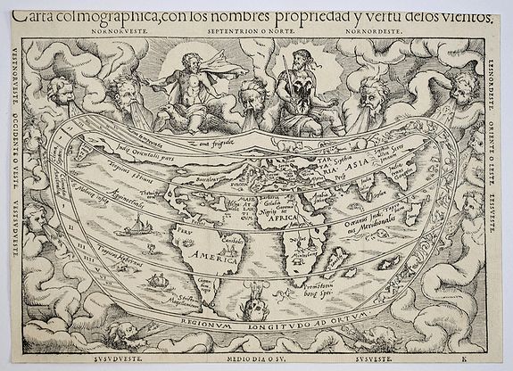 APIANUS, Peter / Gemma Frisius., Carta cosmographica, con los nombres propiedad y vertu delos vientos., antique map, old maps