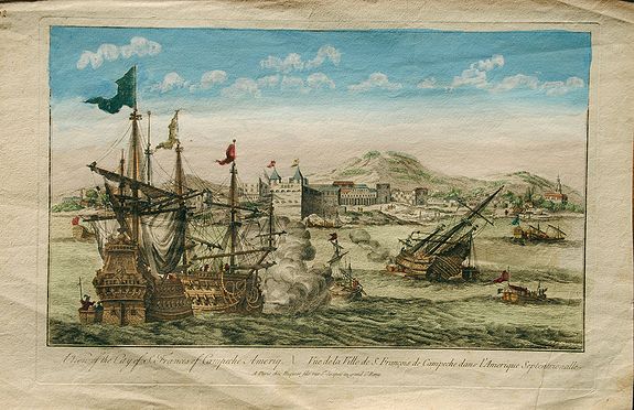 HUQUIER FILS., A View of the City of S. Frances of Campeche Ameriq. / Vüe de la Ville de S. François de Campeche dans l'Amerique Septentrionale., antique map, old maps