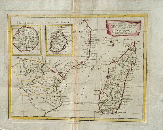 ZATTA, A., Parte Della Costa Orientale Dell' Africa con l'Isola di Madagascar e le Carte particolari dell' Isole di Francia et di Borbon., antique map, old maps