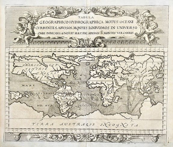 ZAHN, Johann., Tabula geographico-hydrographica motus oceani currentes, abyssos, montes igniuomos in universo orbe indicans. . ., antique map, old maps