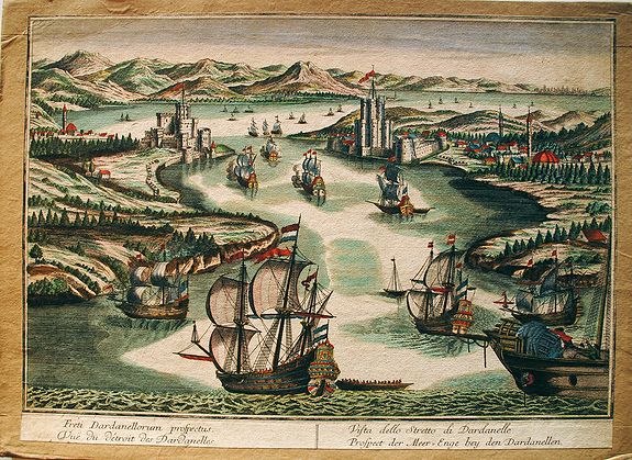 ANONYMOUS., Freti Dardanellorum prospectus / Vuë du détroit des Dardanelles. / Vista dello Stretto di Dardanelle / Prospect der Meer-Enge bey den Dardanellen., antique map, old maps