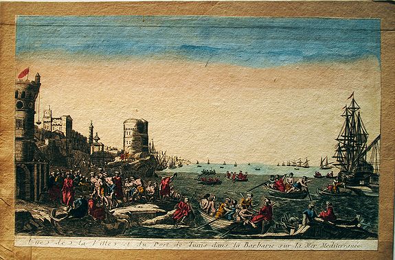 ANONYMOUS., Vue de la Ville et du Port de Tunis dans la Barbarie sur la Mer Mediterranée., antique map, old maps