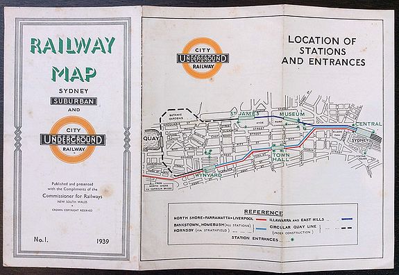 Commissioner for Railways New South Wales, 1939 map of the Sydney underground system and it's suburban railway system., antique map, old maps